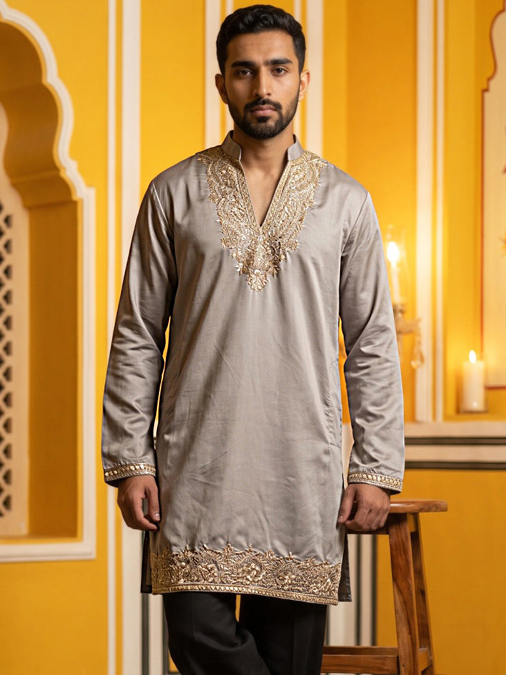 Cotton Blend Embroidered Kurta for Men ( 65KO 5634 Brown )