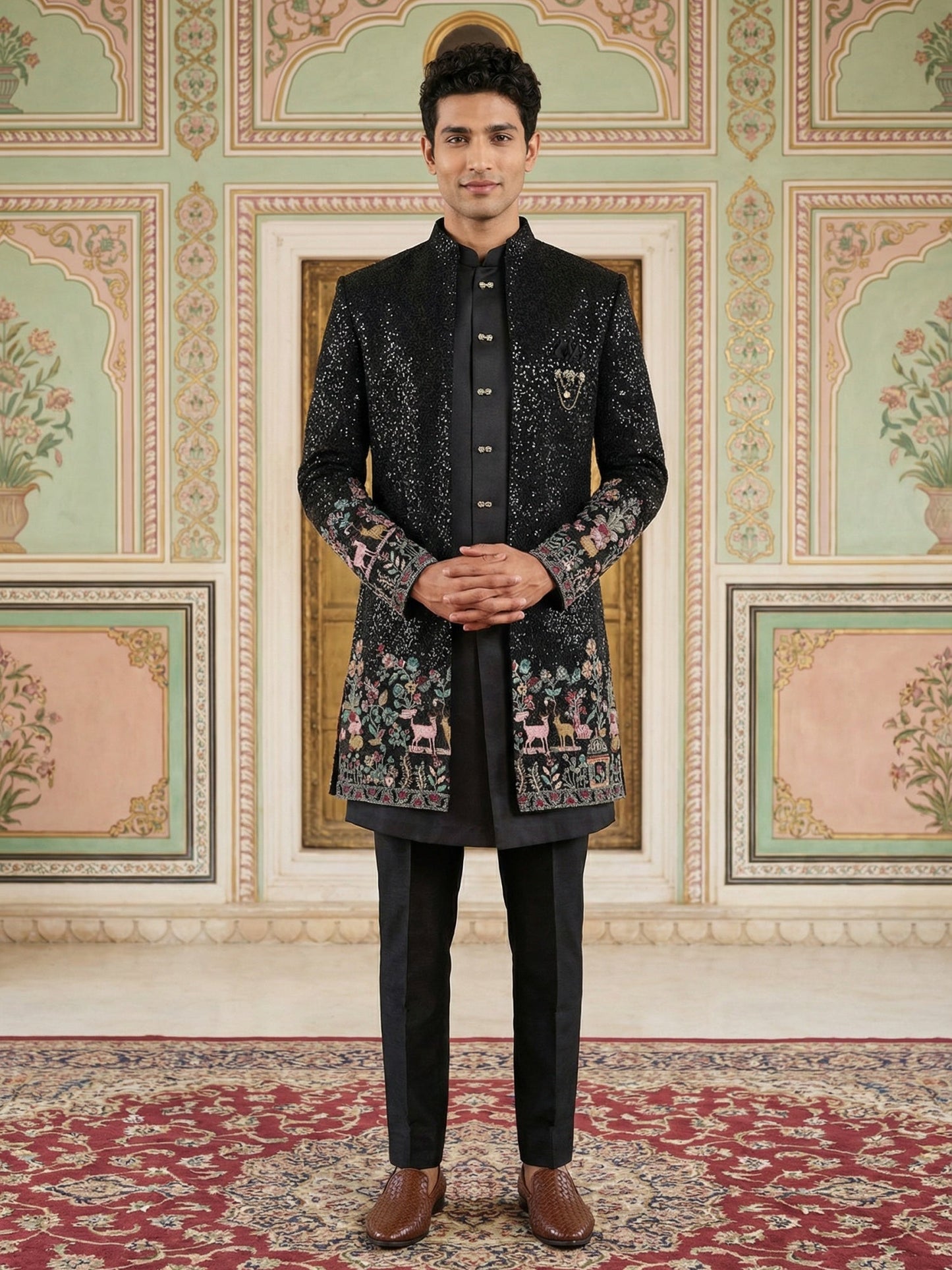 Men’s Black Heavily Embroidered Indo-Western Set ( 50JIND 127Black S )
