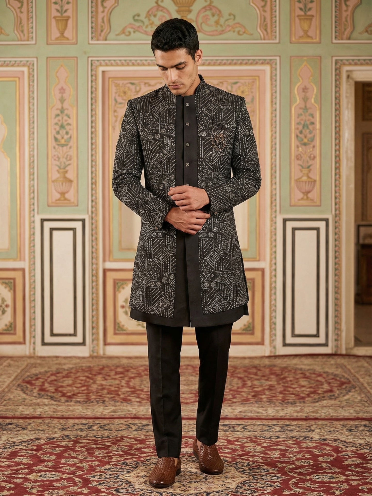 Men Black Embroidered Indo-Western Set ( 50JIND 124Black S )