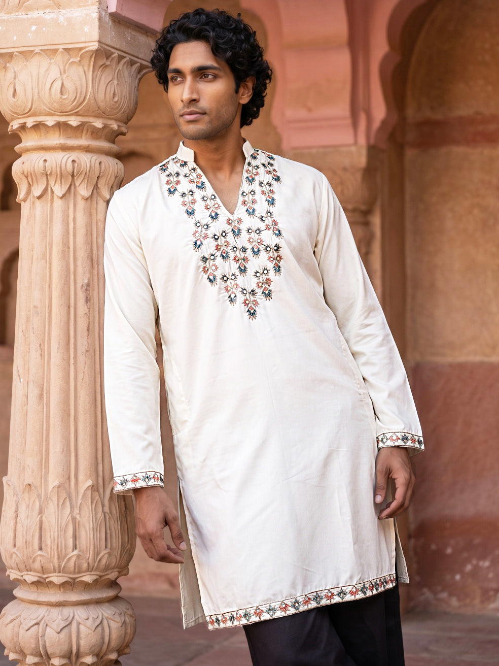 Japanese Fabric Designer Embroidered Kurta With Korean Pants ( 65KP PJ11B F 5633 White )