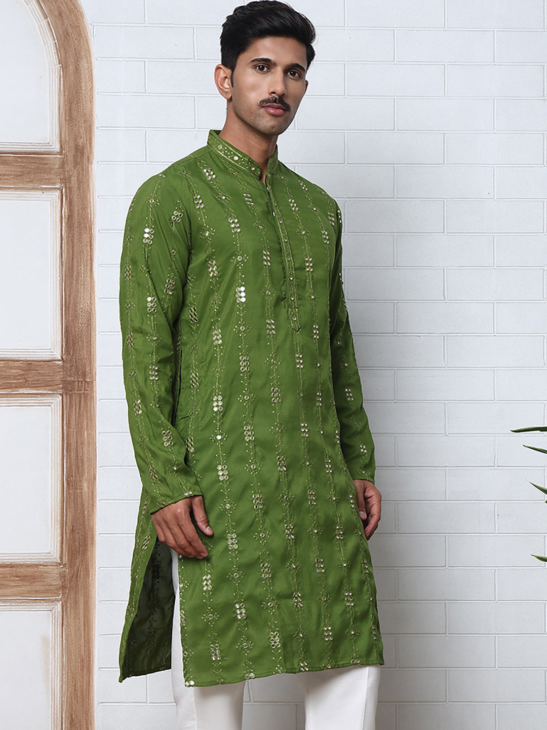 Viscose Rayon Mirror-Work Kurtas ( ANMKO 290Olive )  [RT] [O-7]