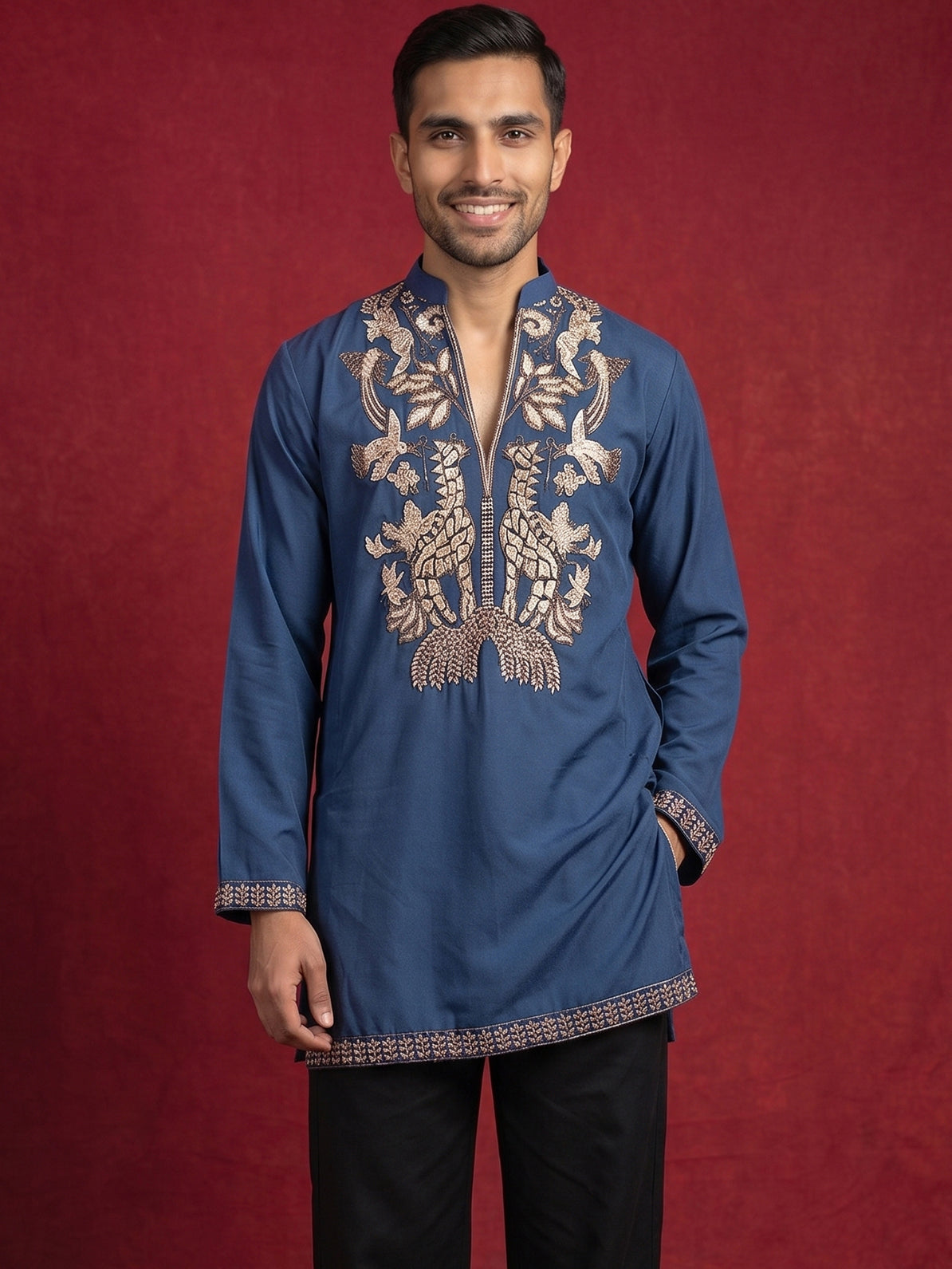 Men's Japanese Fabric Embroidered Kurta ( 65KO 5592Peacock ) [FF] [G-4]