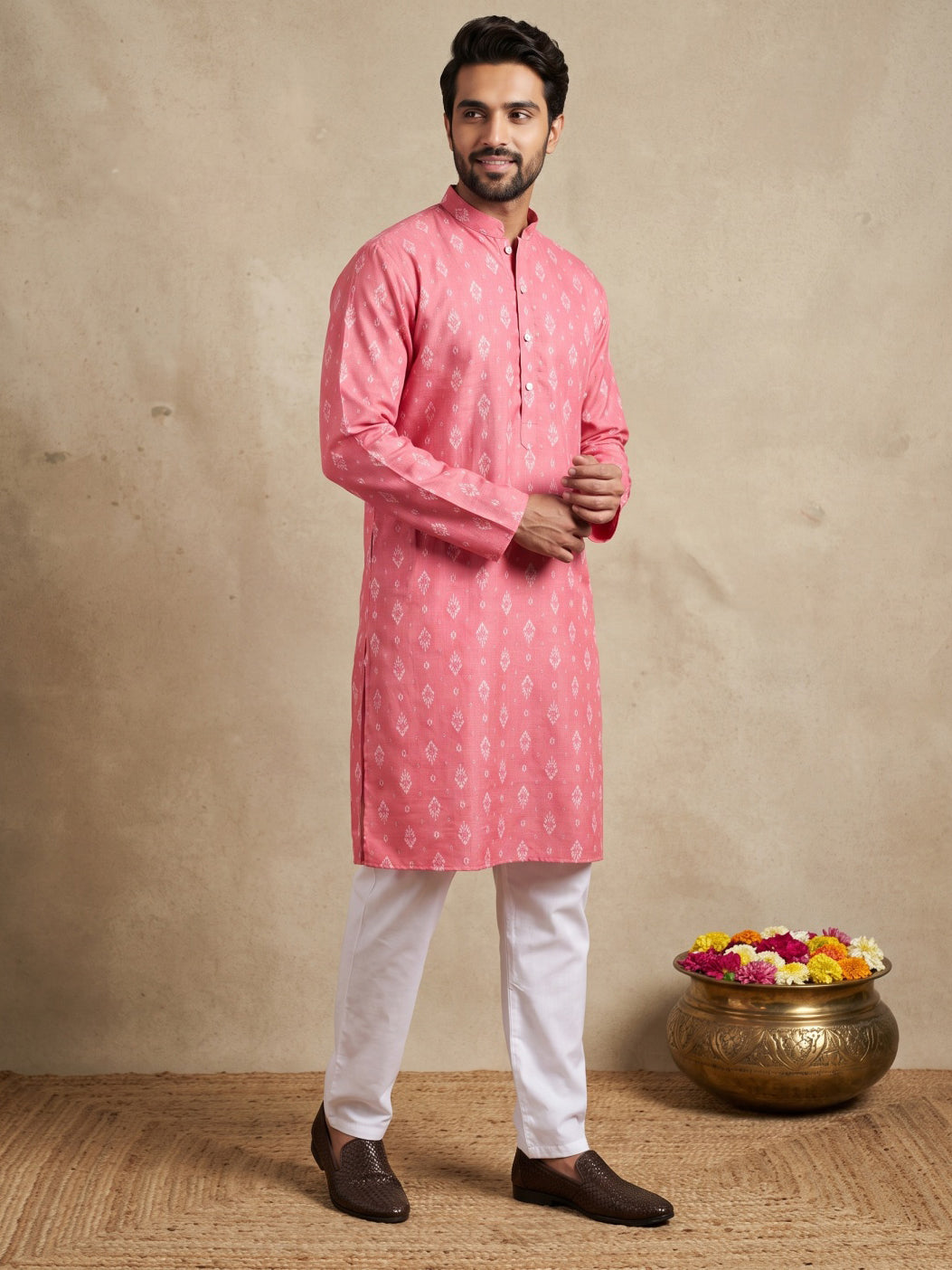 Men's Foil Print Traditional Kurta Pyjama ( 65KP W F 5630 Coral )
