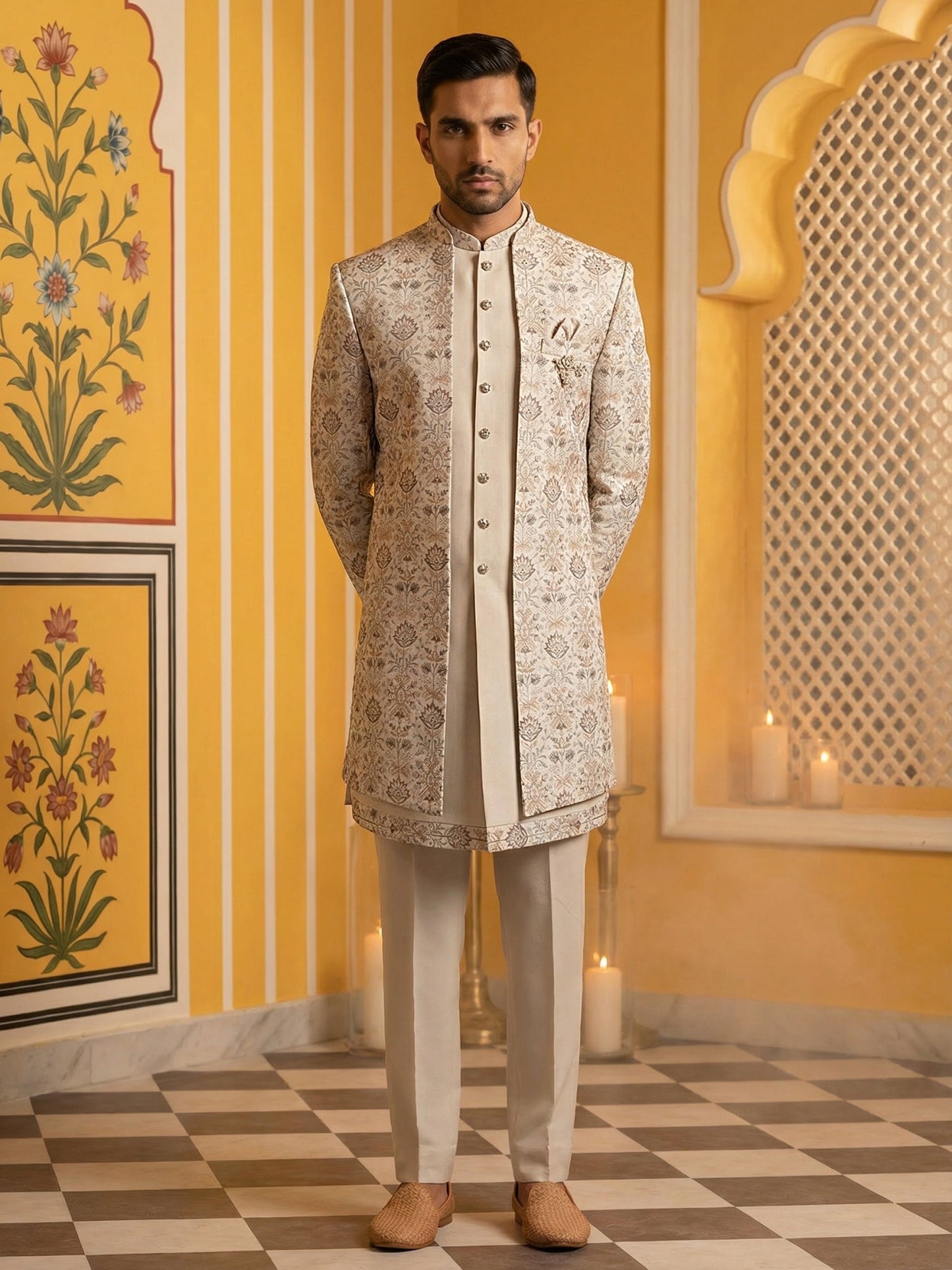 Men Peach Embroidered Indo-Western Set ( 50JIND 111Peach S )