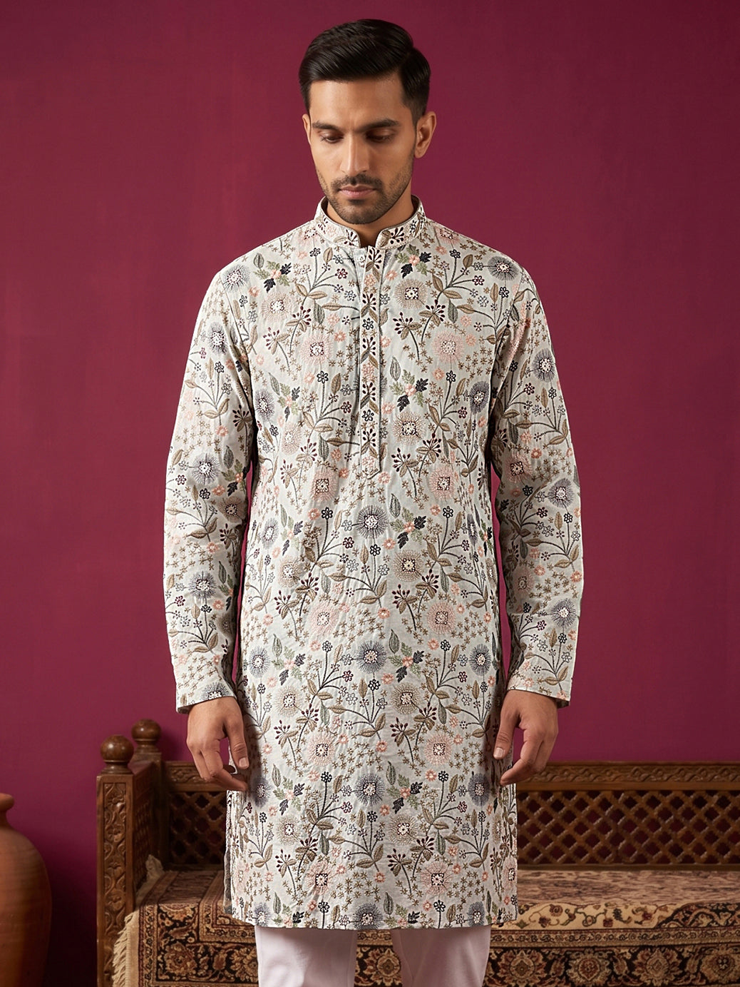 Silk Blend Floral Embroidered Kurta ( KO 5227White )