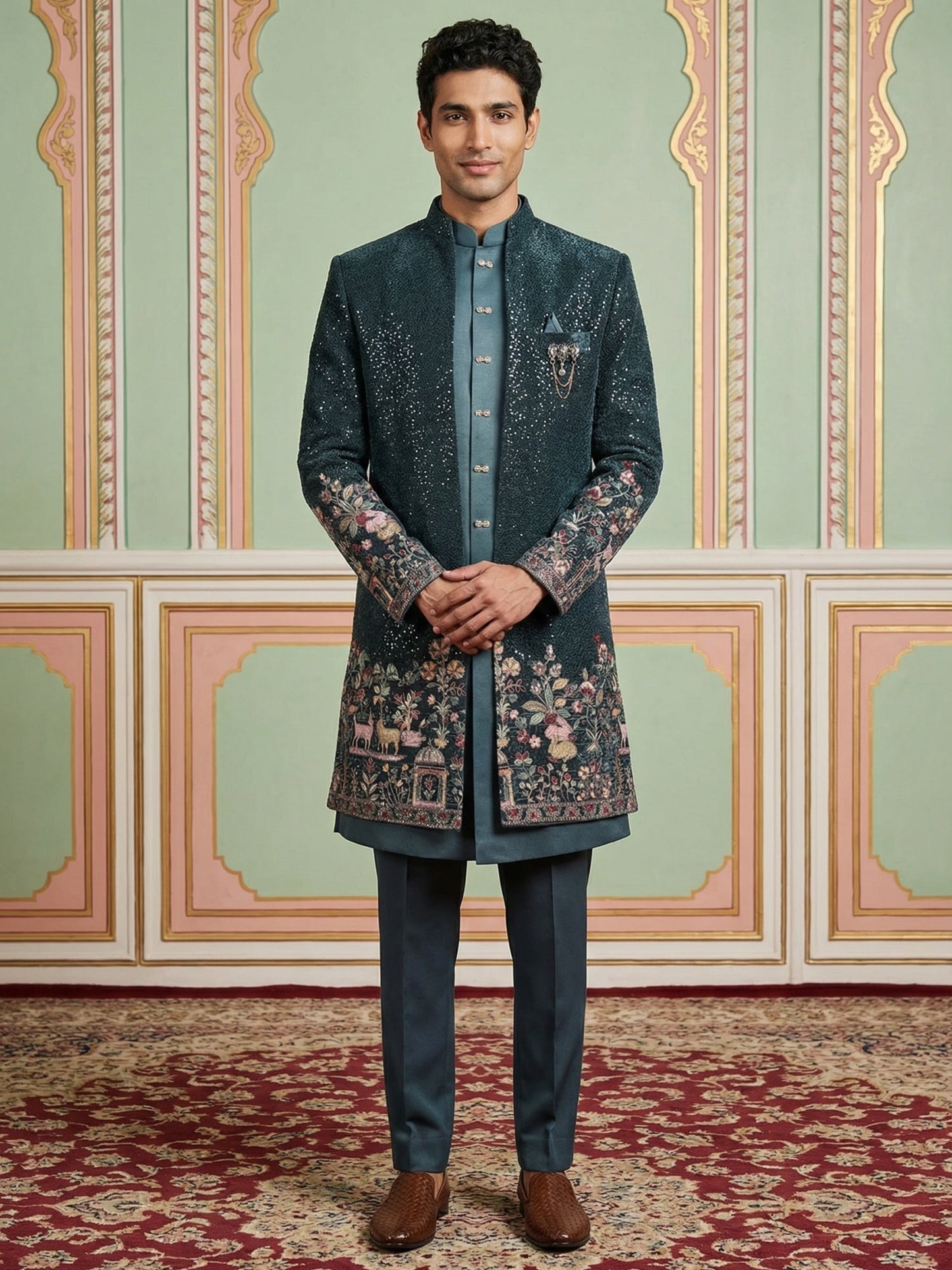 Men’s Peacock Blue Heavily Embroidered Indo-Western Set ( 50JIND 127Peacock S )