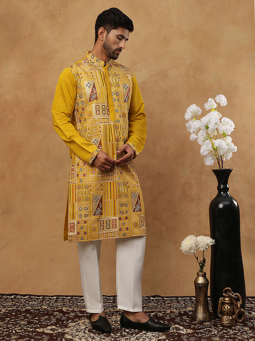 Men Festive Silk Blend Embroidered Kurta ( HOPKO 002Mustard )  [RT] [O-1]