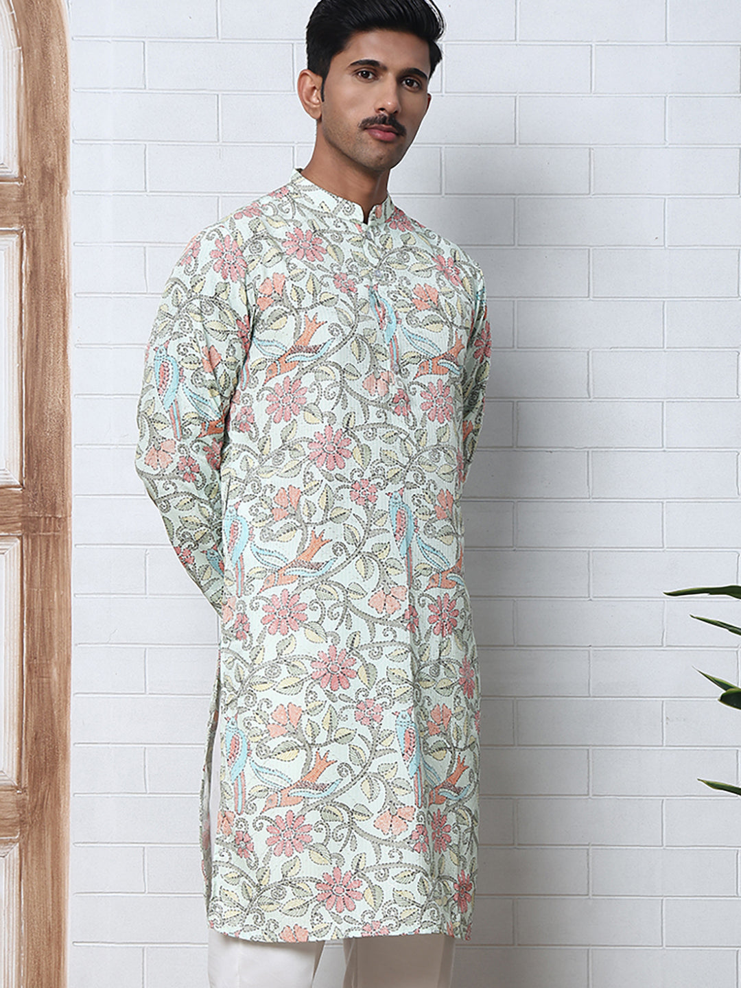 Floral Print Kurtas with Thread Work Embroidery ( ANMKO 284Pista ) [RT] [H-4]