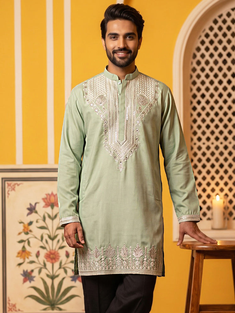 Embroidered Cotton Blend Kurta for Men ( 65KO 5639 Green )