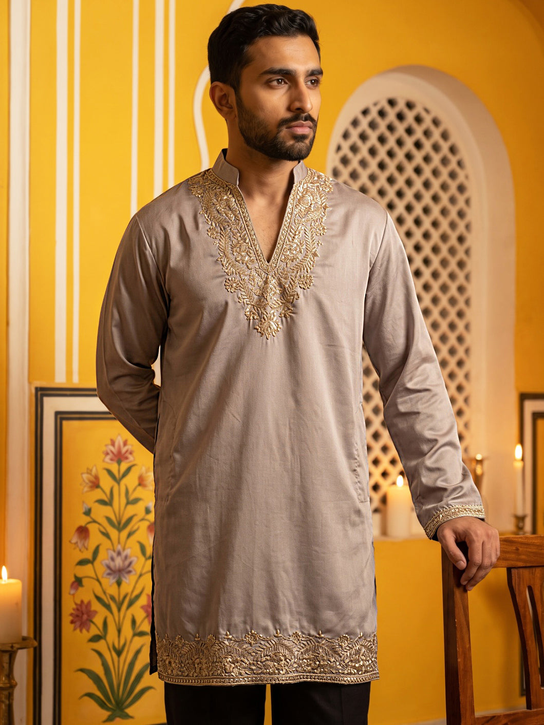 Cotton Blend Embroidered Kurta with Korean Pants ( 65KP PJ11B B 5634 Brown )