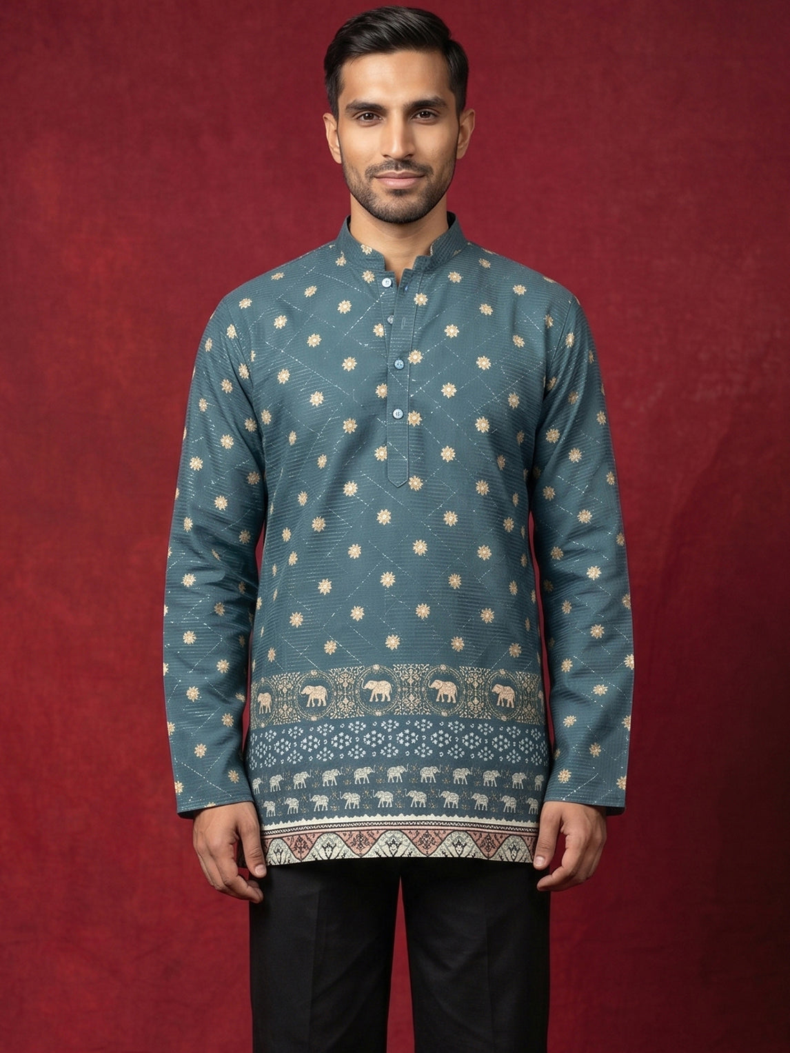 Men's Cotton Blend Printed Kurta ( 65KO 5593Teal ) [FF] [H-9]
