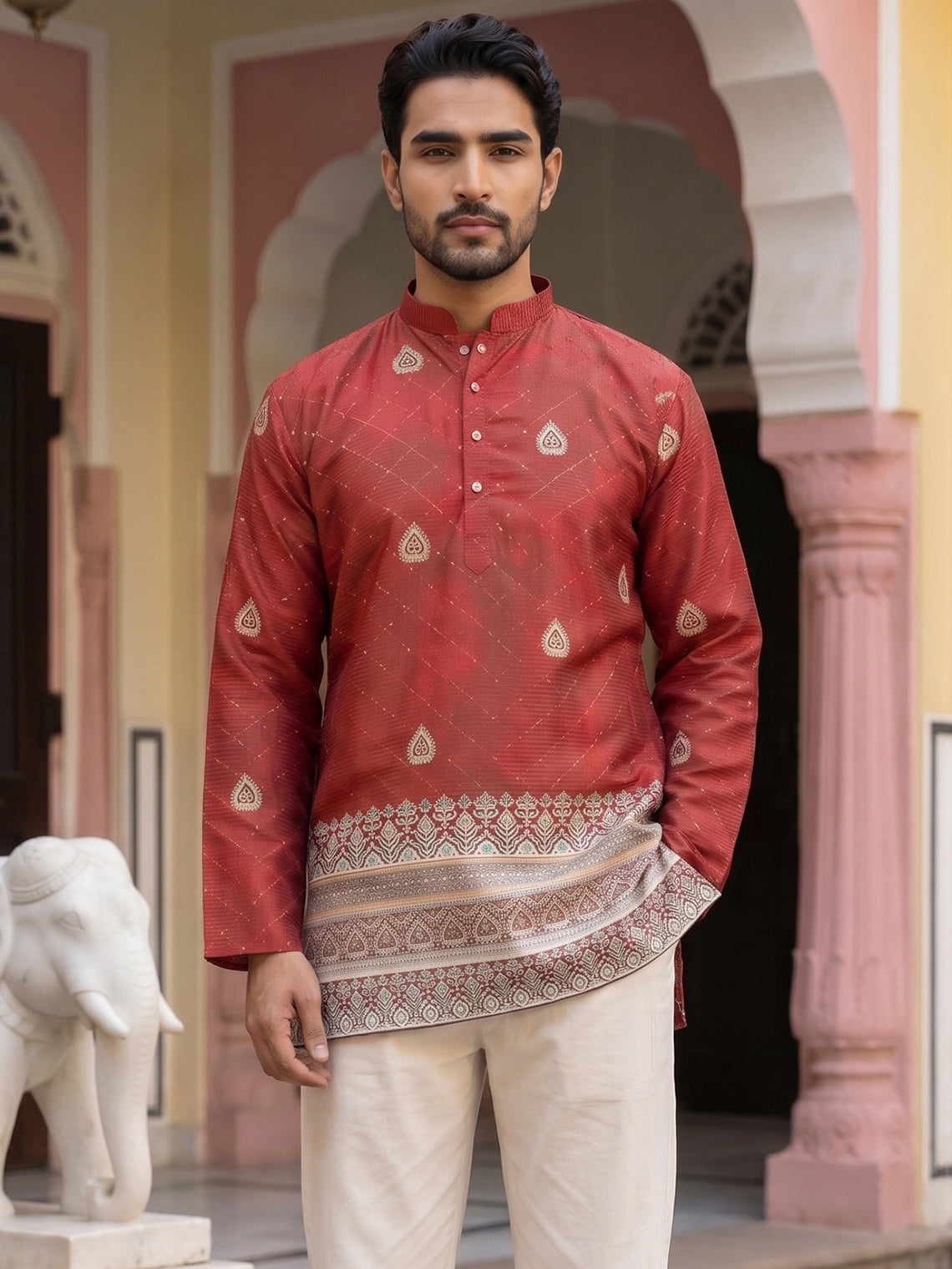 Men's Cotton Blend Printed Kurta ( 65KO 5589Red ) [FF] [H-6]