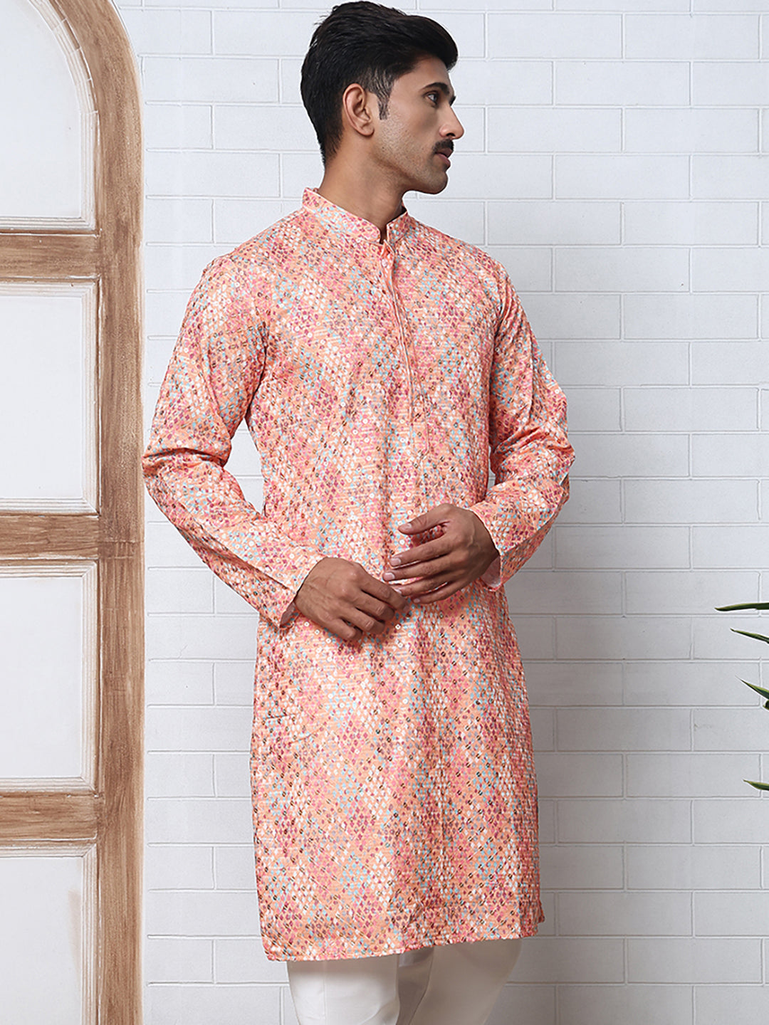 Men's Festive Sequins & Thread Work Kurtas ( ANMKO 288Peach )  [RT] [C-3]