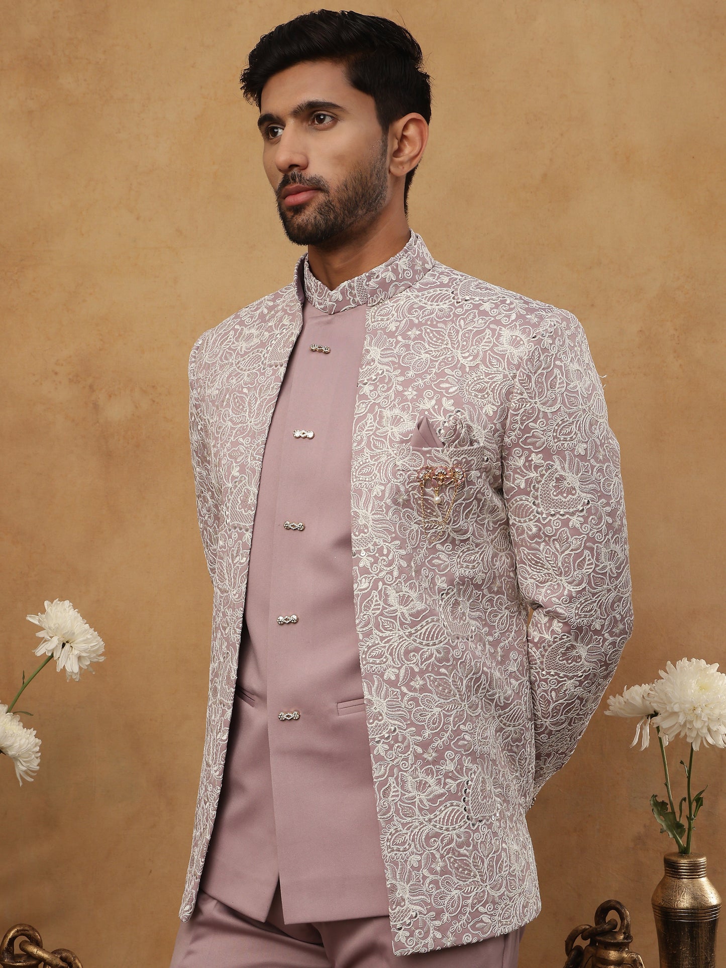 Men's Lavender Embroidered Indo-Western Set ( 50JIND 101 Lavender )