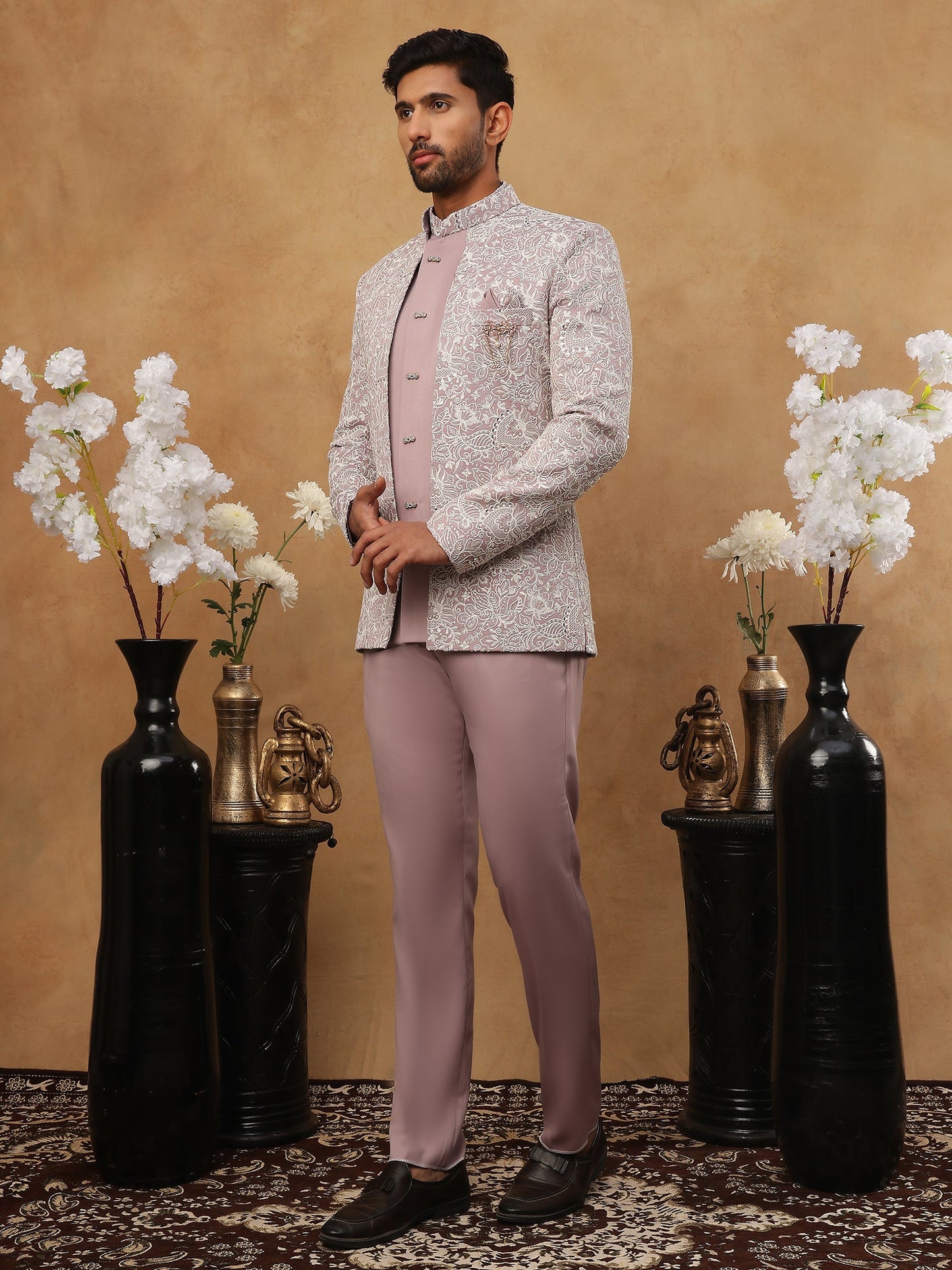 Men's Lavender Embroidered Indo-Western Set ( 50JIND 101 Lavender )