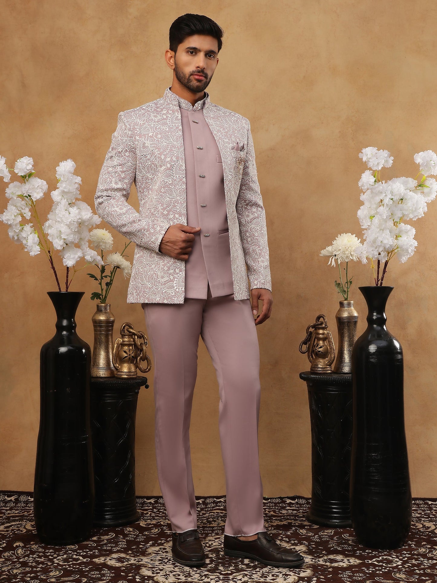Men's Lavender Embroidered Indo-Western Set ( 50JIND 101 Lavender )
