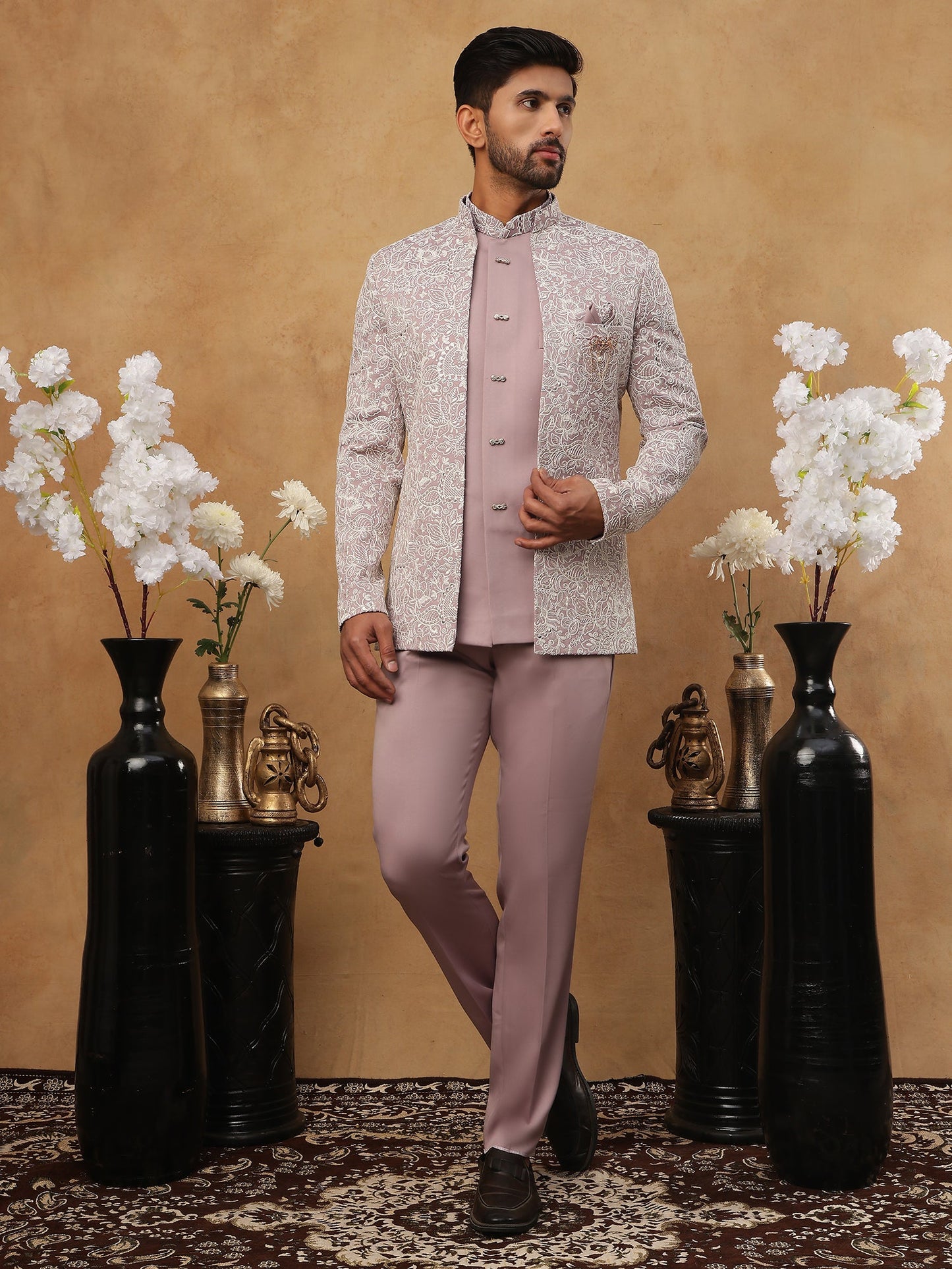 Men's Lavender Embroidered Indo-Western Set ( 50JIND 101 Lavender )