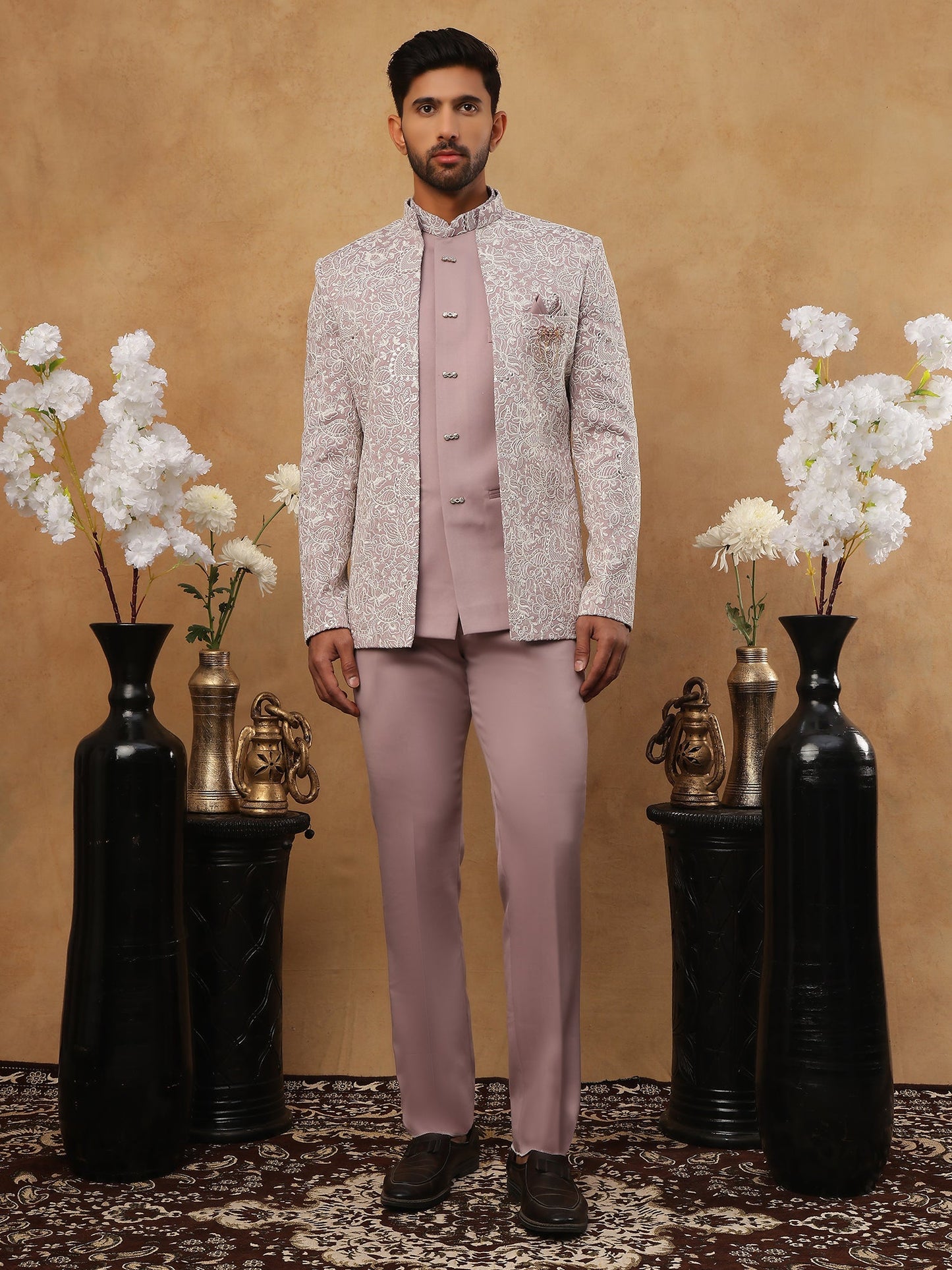 Men's Lavender Embroidered Indo-Western Set ( 50JIND 101 Lavender )