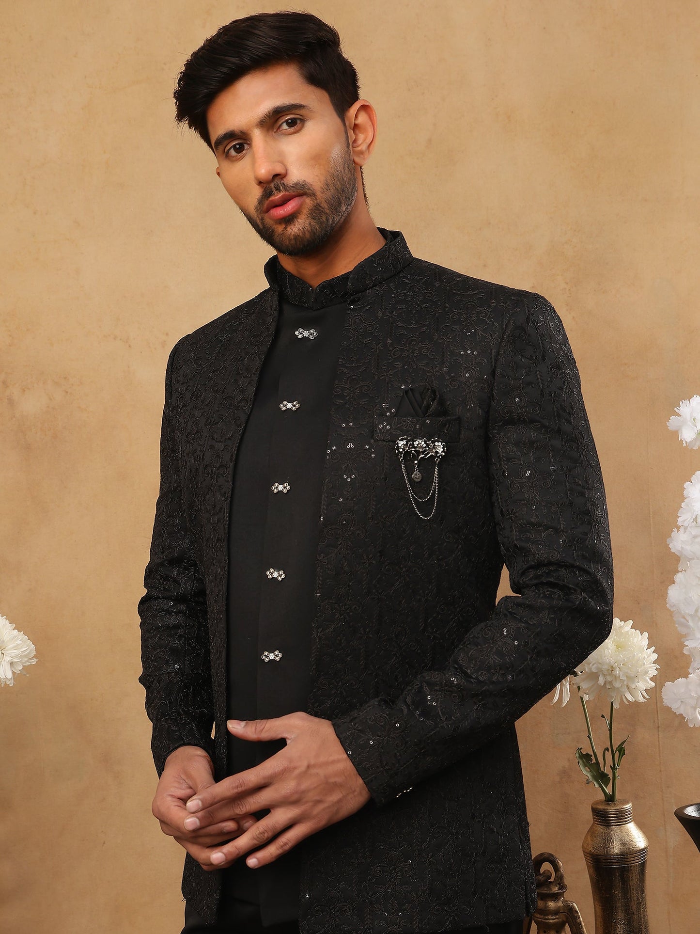 Men's Classic Black Embroidered Indo-Western Suit Set ( 50JIND 102 Black )