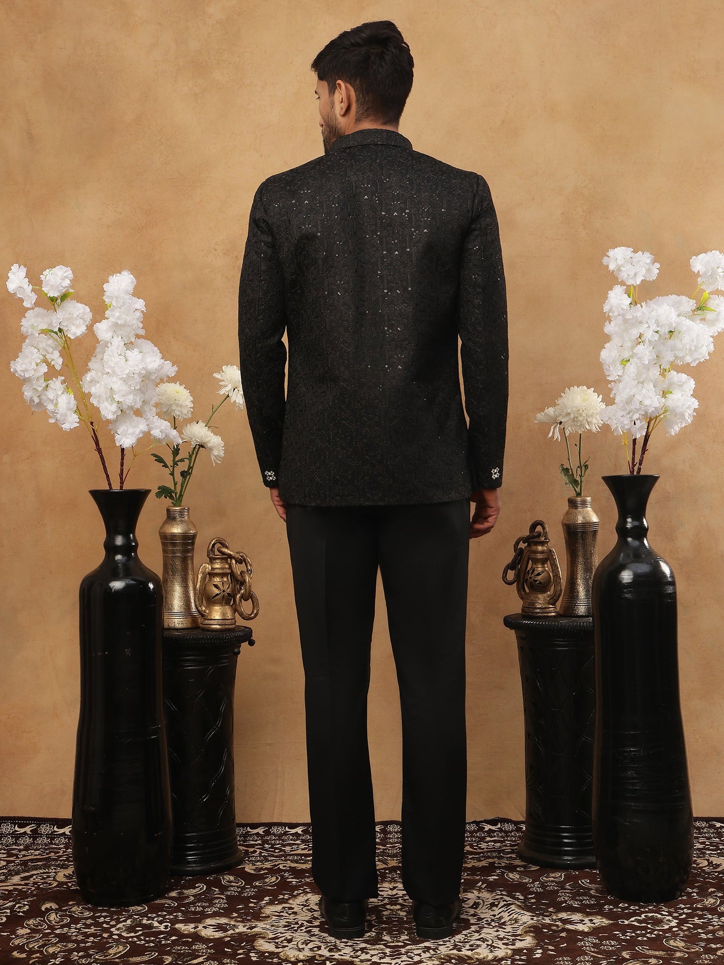 Men's Classic Black Embroidered Indo-Western Suit Set ( 50JIND 102 Black )