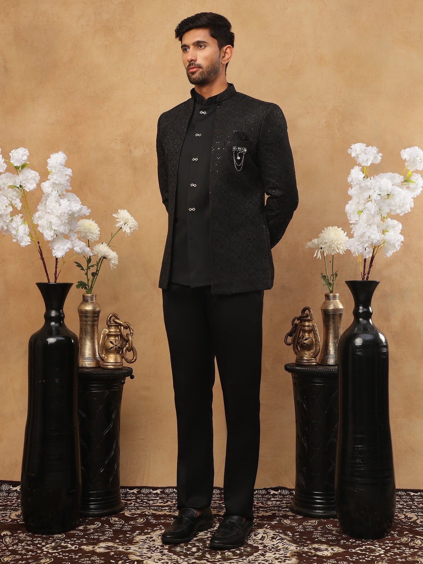Men's Classic Black Embroidered Indo-Western Suit Set ( 50JIND 102 Black )