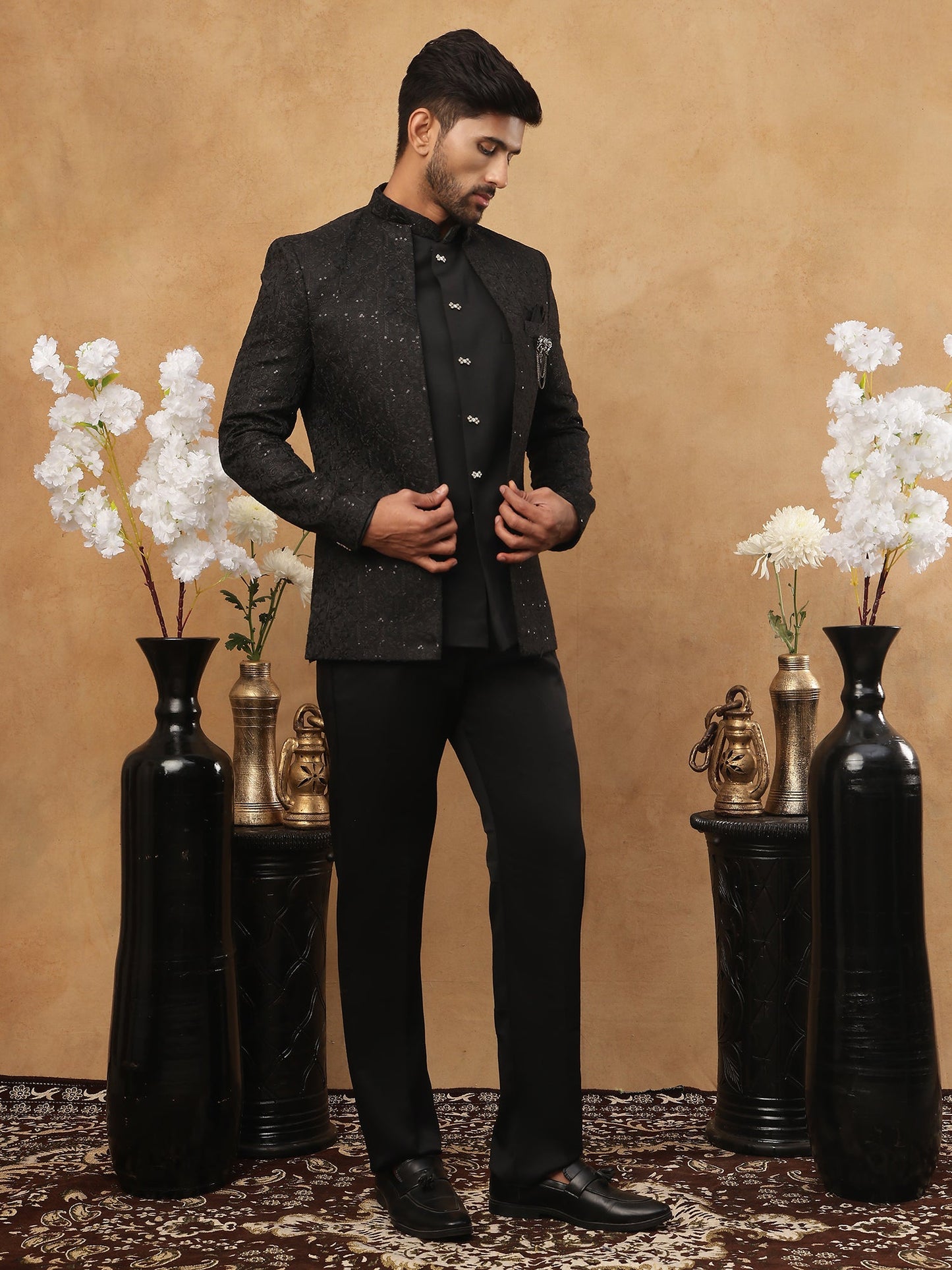 Men's Classic Black Embroidered Indo-Western Suit Set ( 50JIND 102 Black )