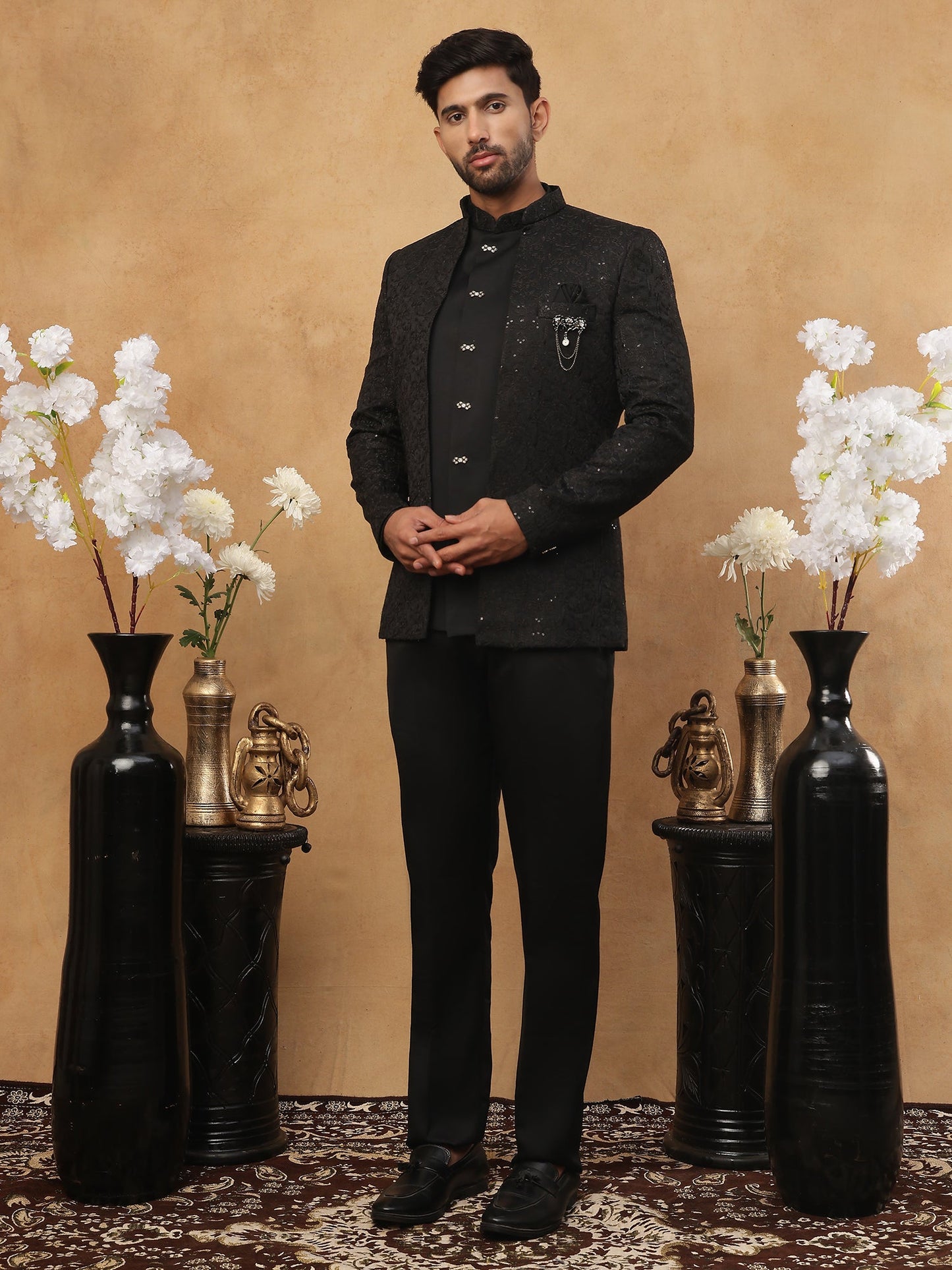 Men's Classic Black Embroidered Indo-Western Suit Set ( 50JIND 102 Black )