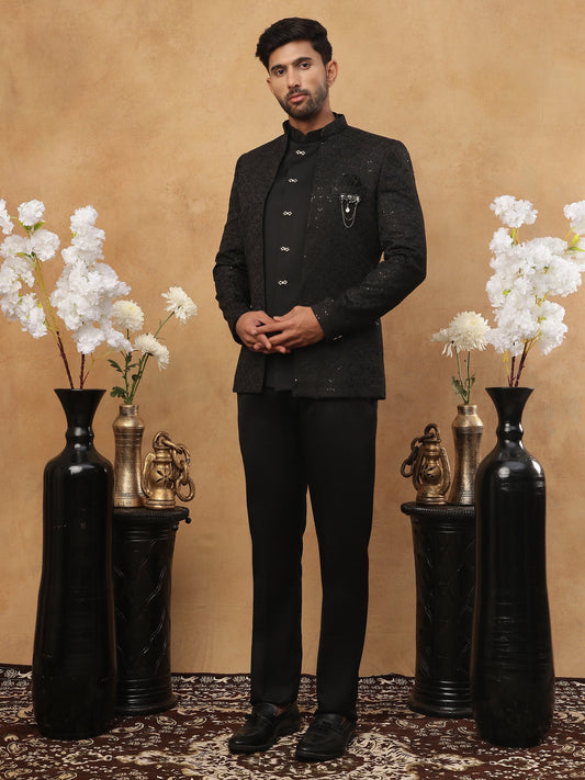 Men's Classic Black Embroidered Indo-Western Suit Set ( 50JIND 102 Black )