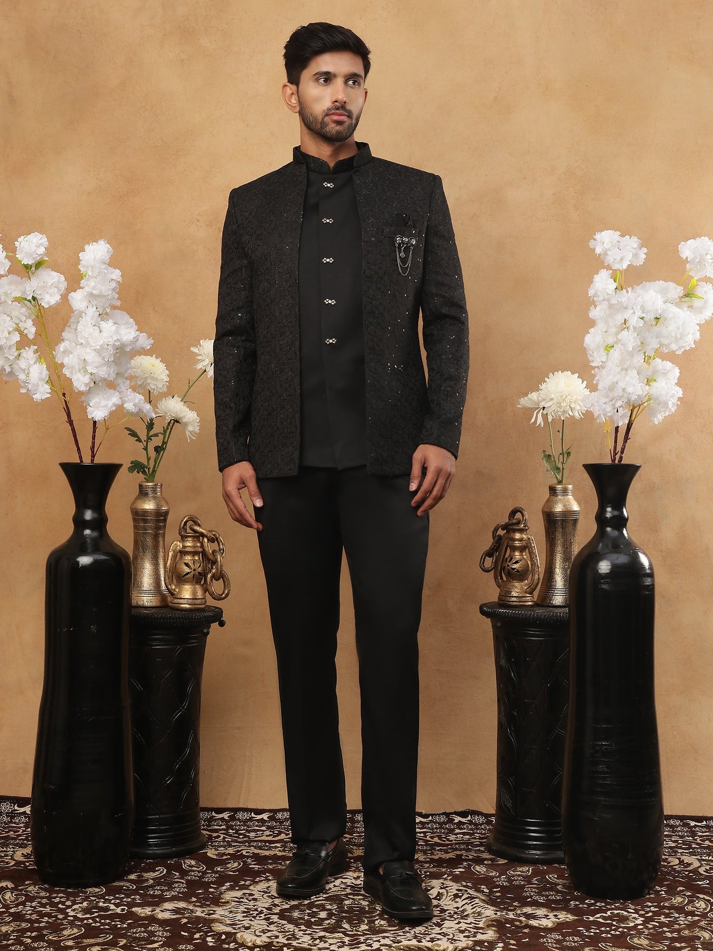 Men's Classic Black Embroidered Indo-Western Suit Set ( 50JIND 102 Black )