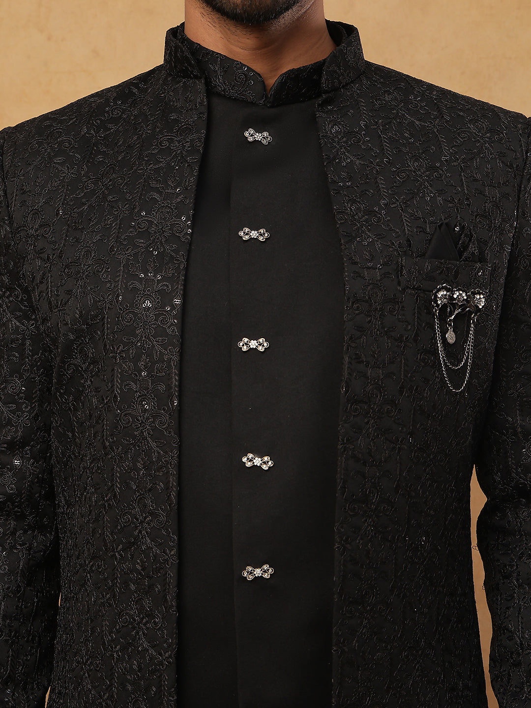 Men's Classic Black Embroidered Indo-Western Suit Set ( 50JIND 102 Black )