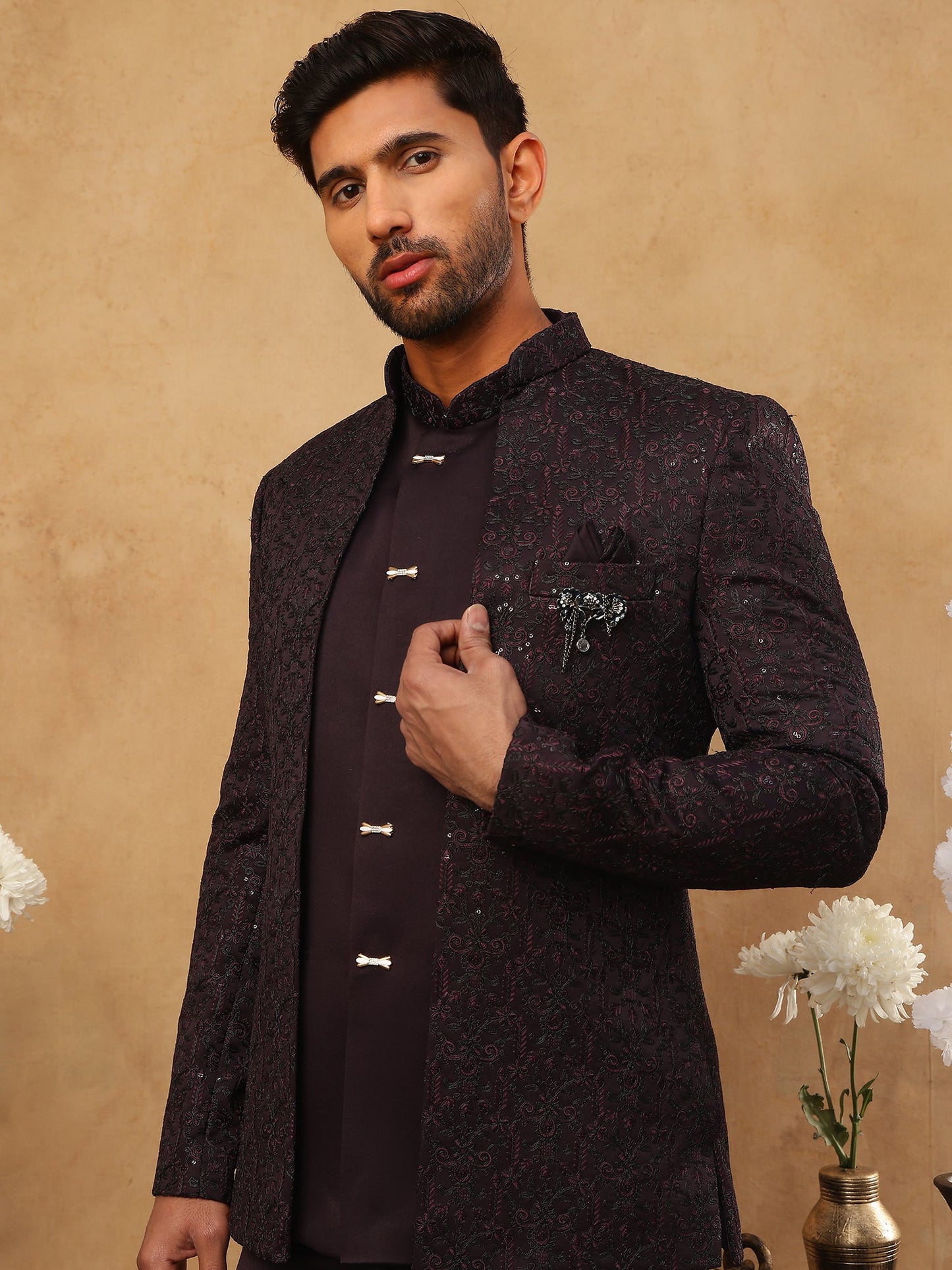 Men's Royal Wine Embroidered Indo-Western Suit Set ( 50JIND 102 Wine )