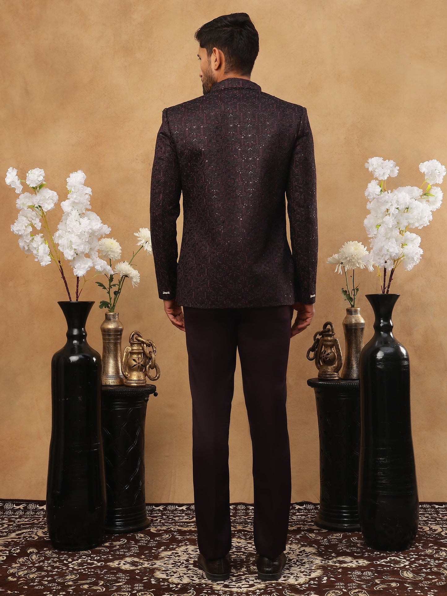 Men's Royal Wine Embroidered Indo-Western Suit Set ( 50JIND 102 Wine )