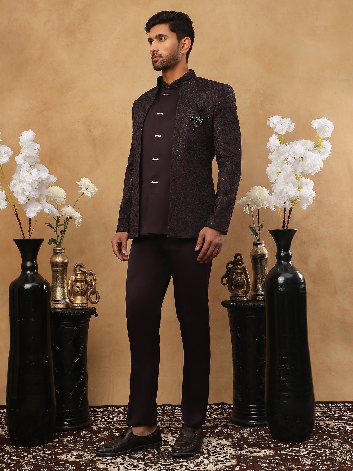 Men's Royal Wine Embroidered Indo-Western Suit Set ( 50JIND 102 Wine )