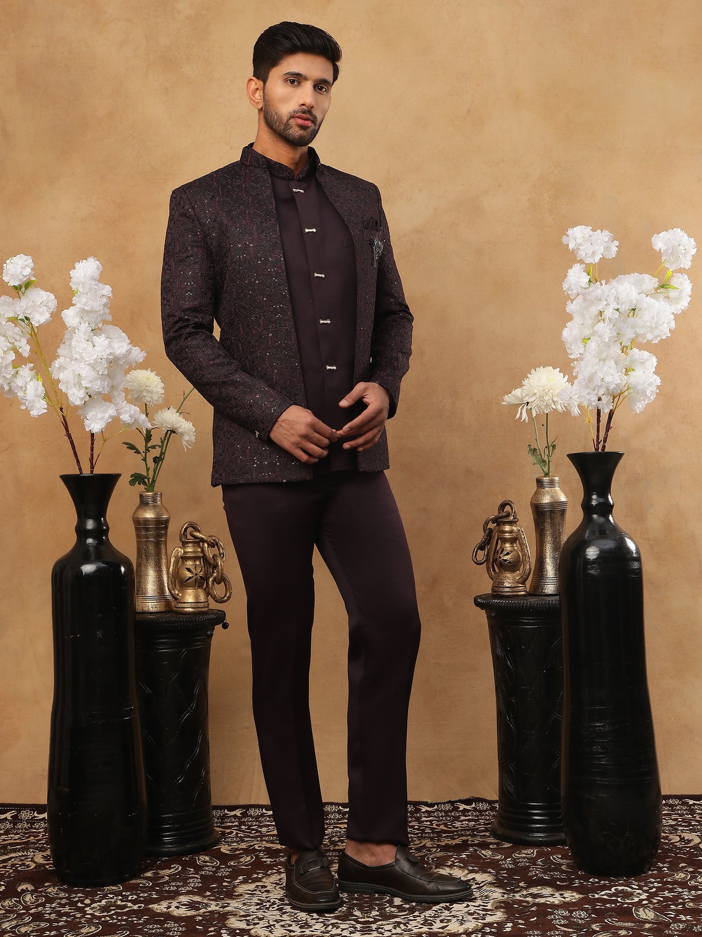 Men's Royal Wine Embroidered Indo-Western Suit Set ( 50JIND 102 Wine )