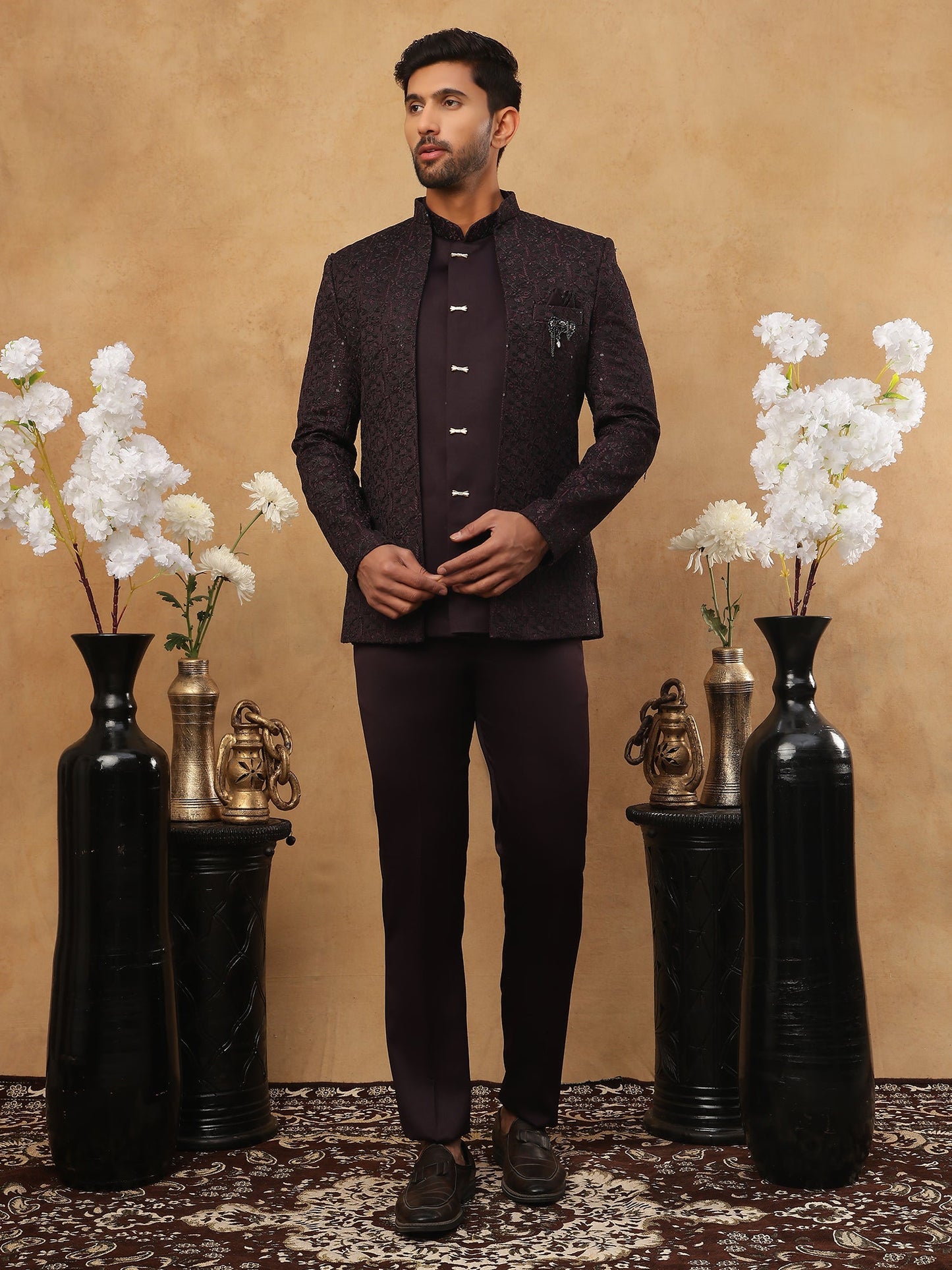 Men's Royal Wine Embroidered Indo-Western Suit Set ( 50JIND 102 Wine )