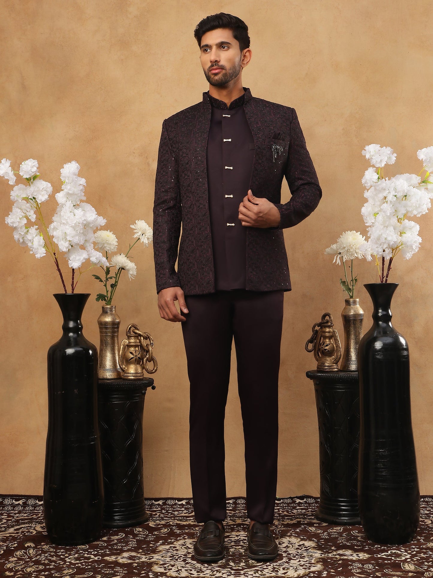 Men's Royal Wine Embroidered Indo-Western Suit Set ( 50JIND 102 Wine )