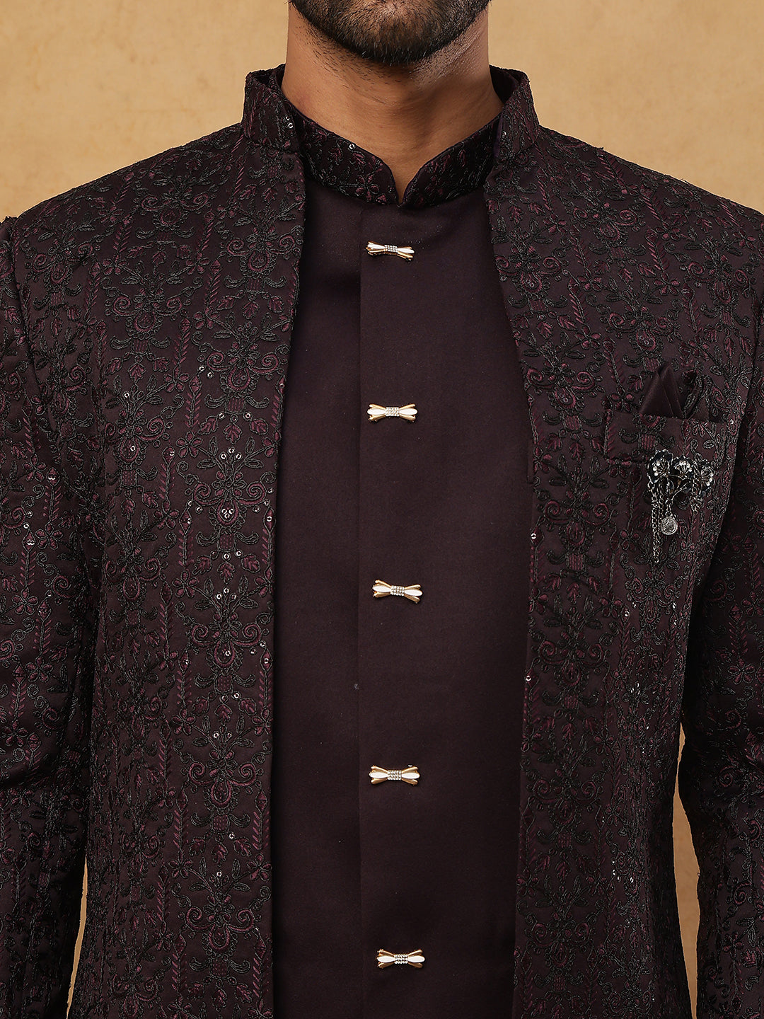 Men's Royal Wine Embroidered Indo-Western Suit Set ( 50JIND 102 Wine )