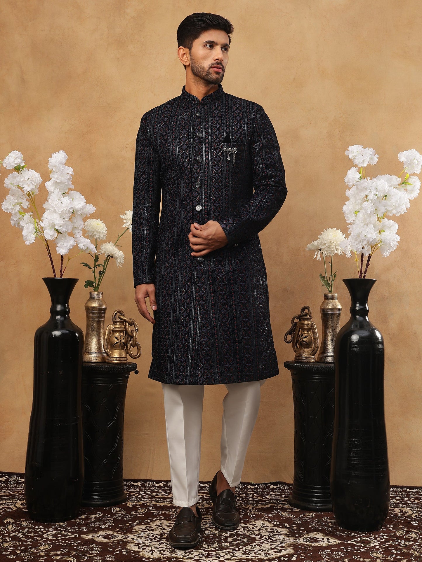 Men's Navy Blue Geometric Embroidered Indo Western Set ( 50JIND 103 Blue )