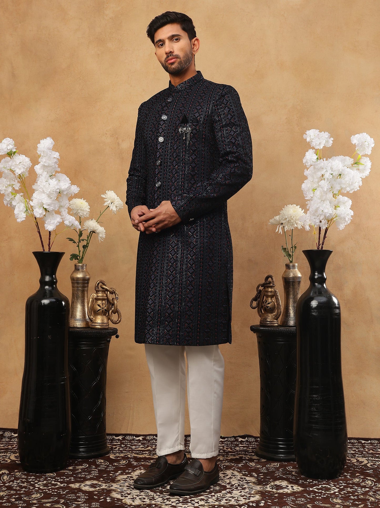 Men's Navy Blue Geometric Embroidered Indo Western Set ( 50JIND 103 Blue )
