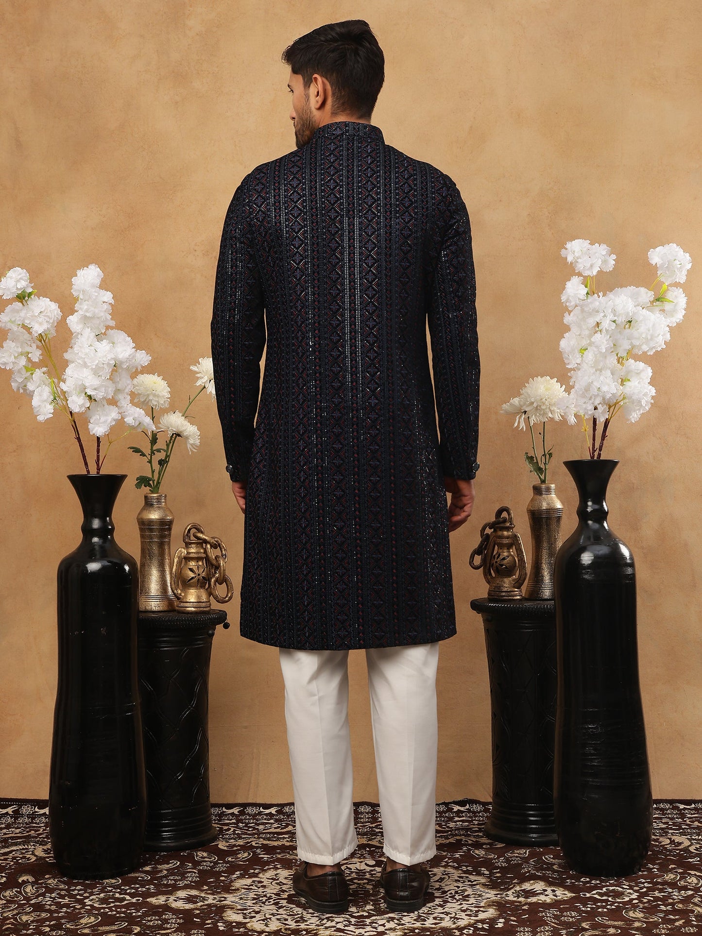 Men's Navy Blue Geometric Embroidered Indo Western Set ( 50JIND 103 Blue )