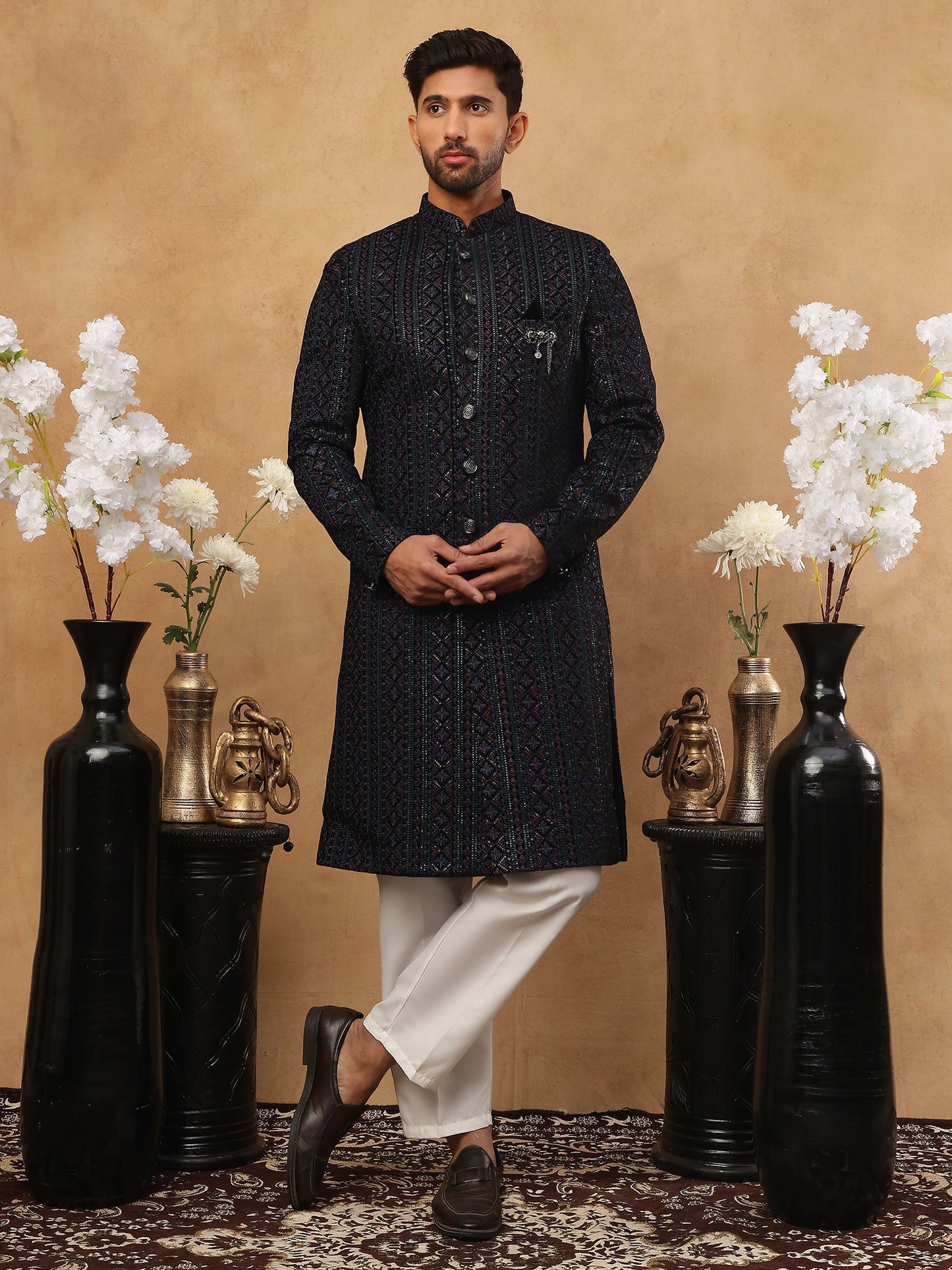 Men's Navy Blue Geometric Embroidered Indo Western Set ( 50JIND 103 Blue )