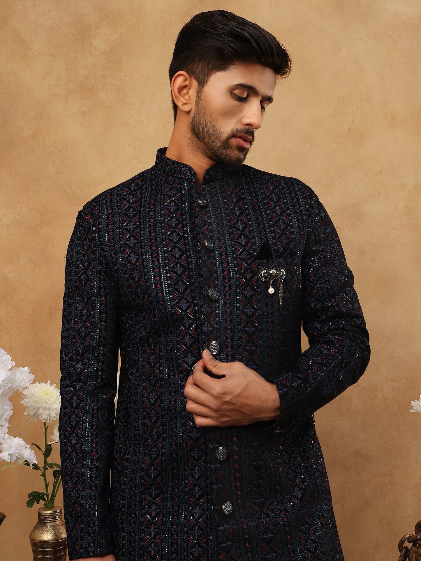 Men's Navy Blue Geometric Embroidered Indo Western Set ( 50JIND 103 Blue )