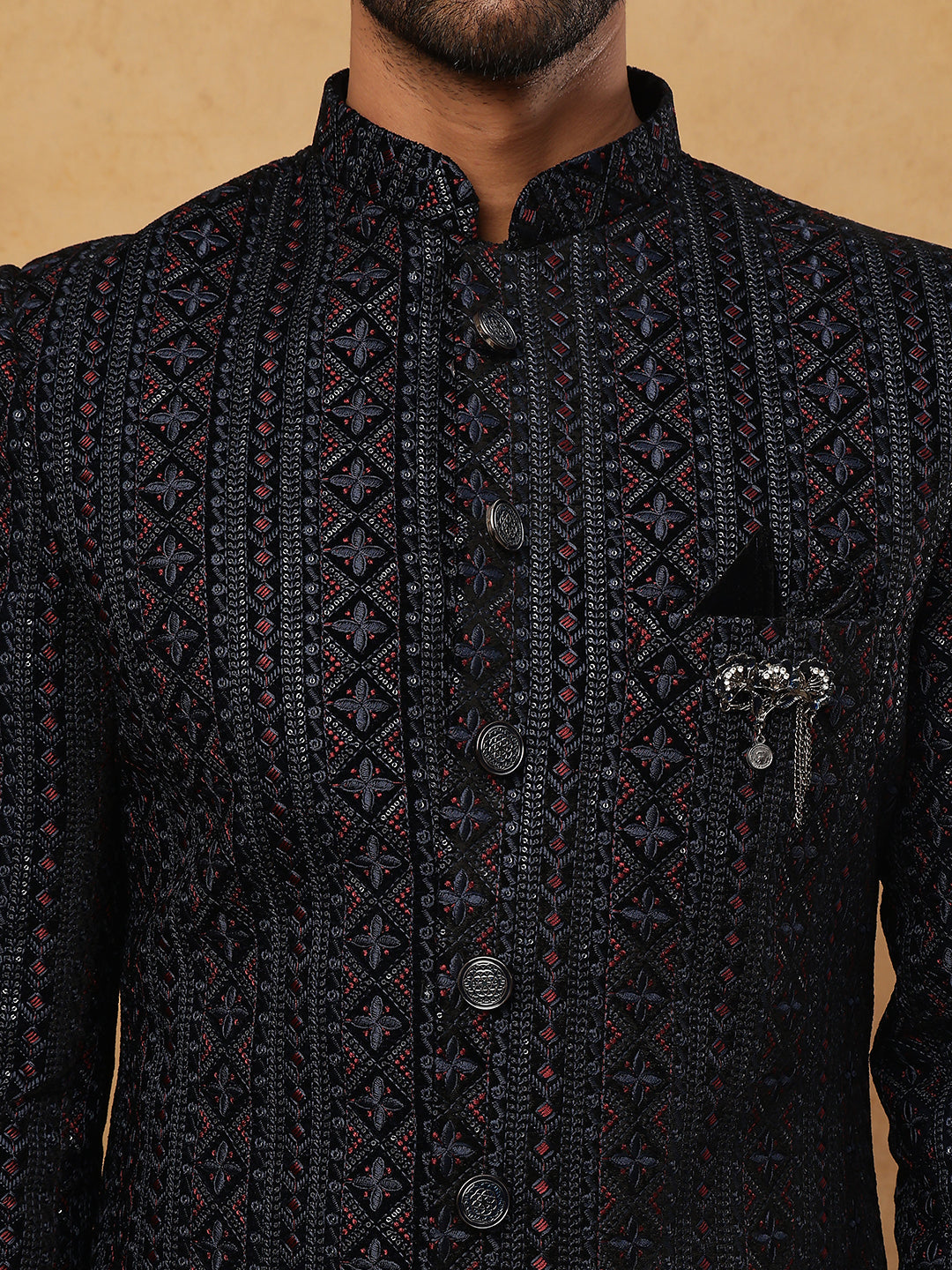 Men's Navy Blue Geometric Embroidered Indo Western Set ( 50JIND 103 Blue )