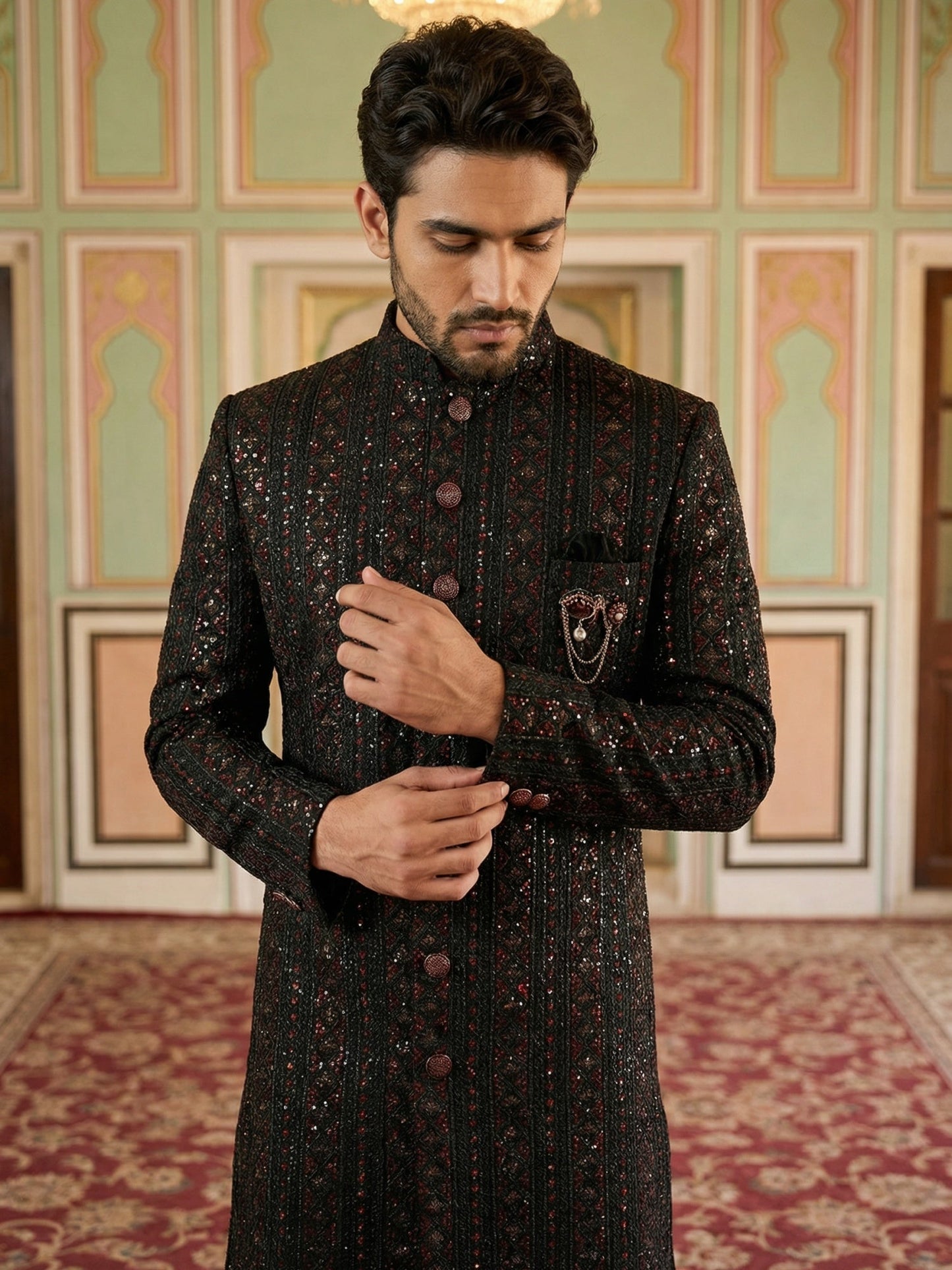 Men Embroidered Indo-Western Sherwani Set ( 50JIND 103Maroon S )