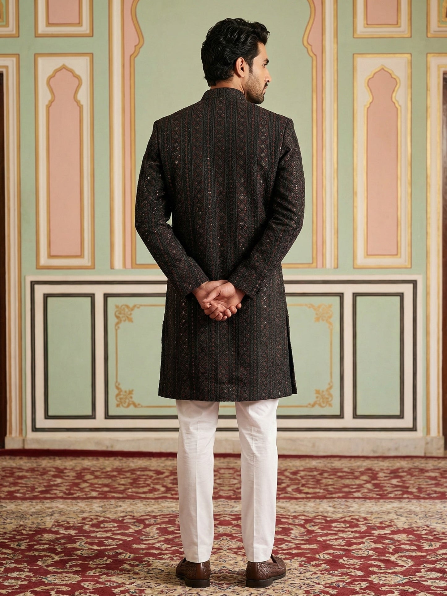 Men Embroidered Indo-Western Sherwani Set ( 50JIND 103Maroon S )