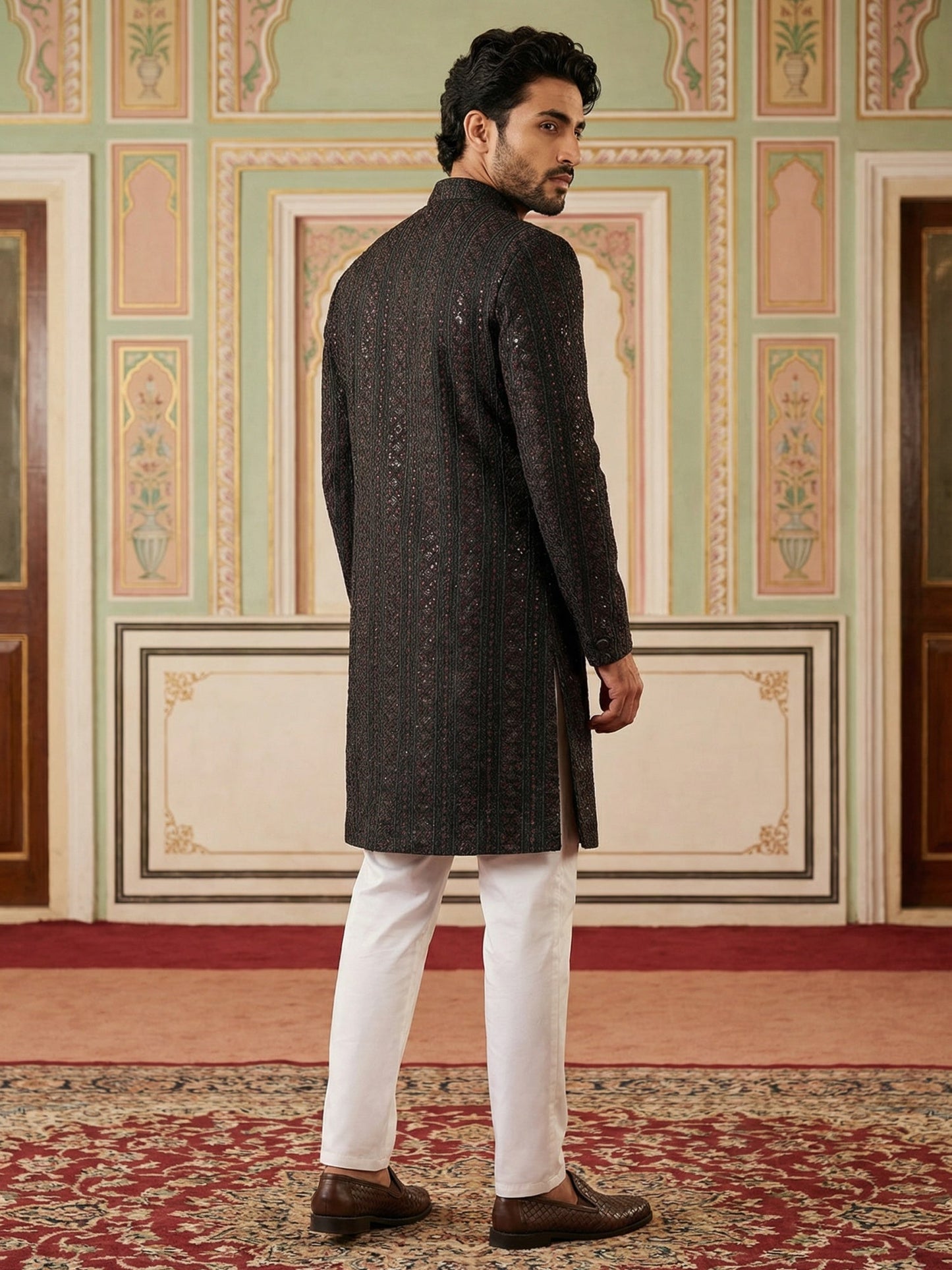 Men Embroidered Indo-Western Sherwani Set ( 50JIND 103Maroon S )