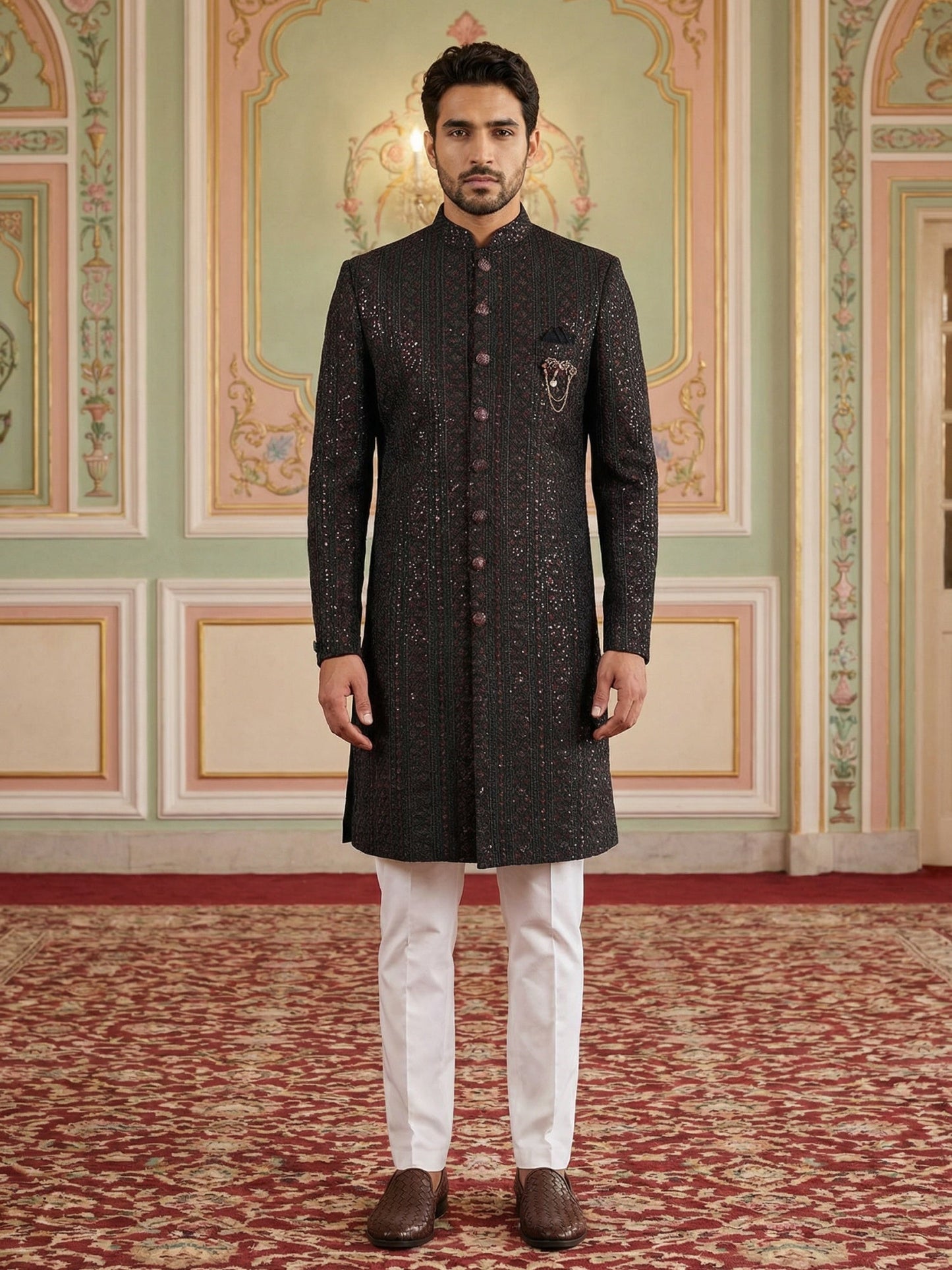 Men Embroidered Indo-Western Sherwani Set ( 50JIND 103Maroon S )