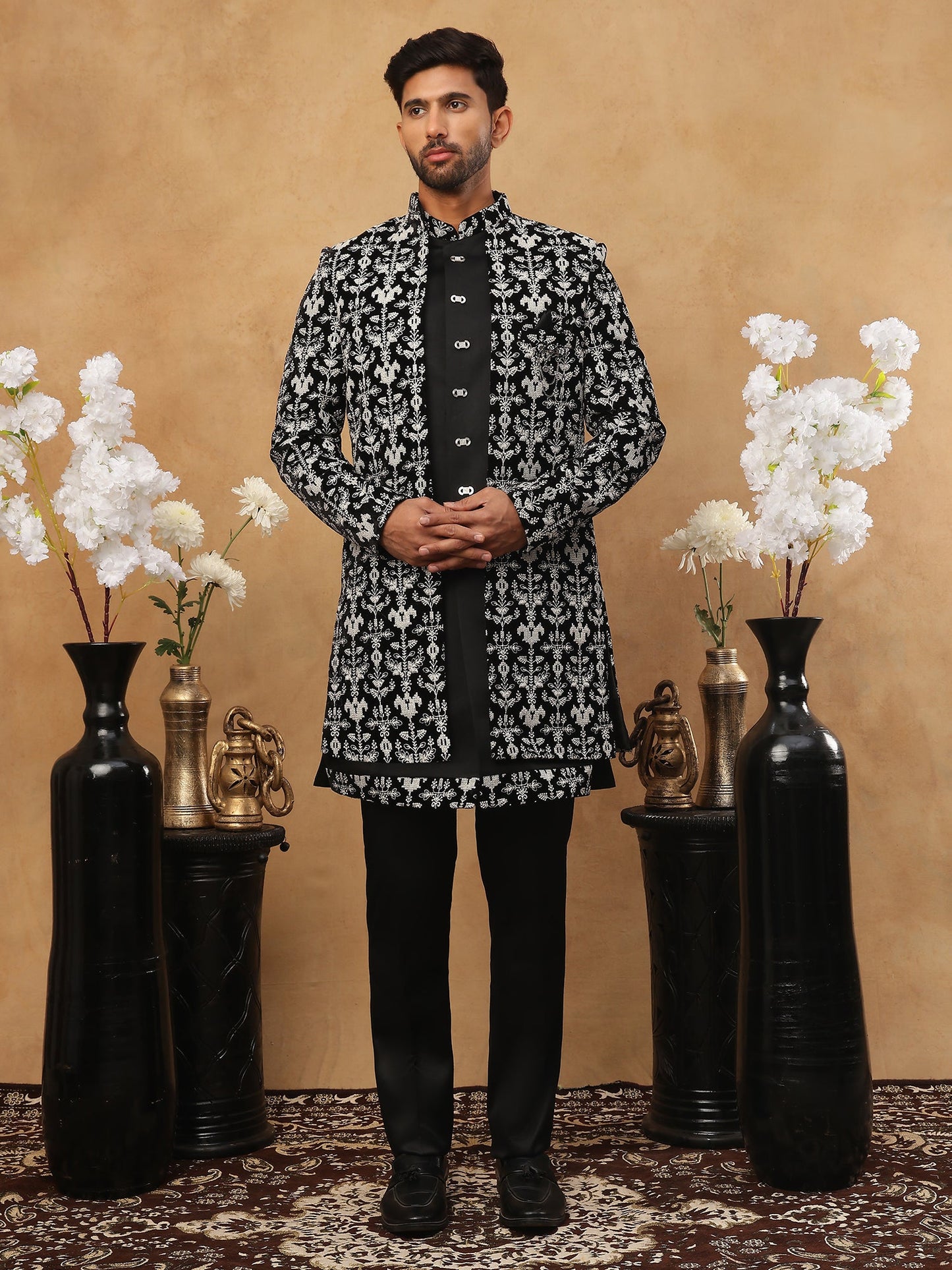 Men's Black & Off-White Floral Embroidered Indo-Western Set ( 50JIND 105 Off-White )