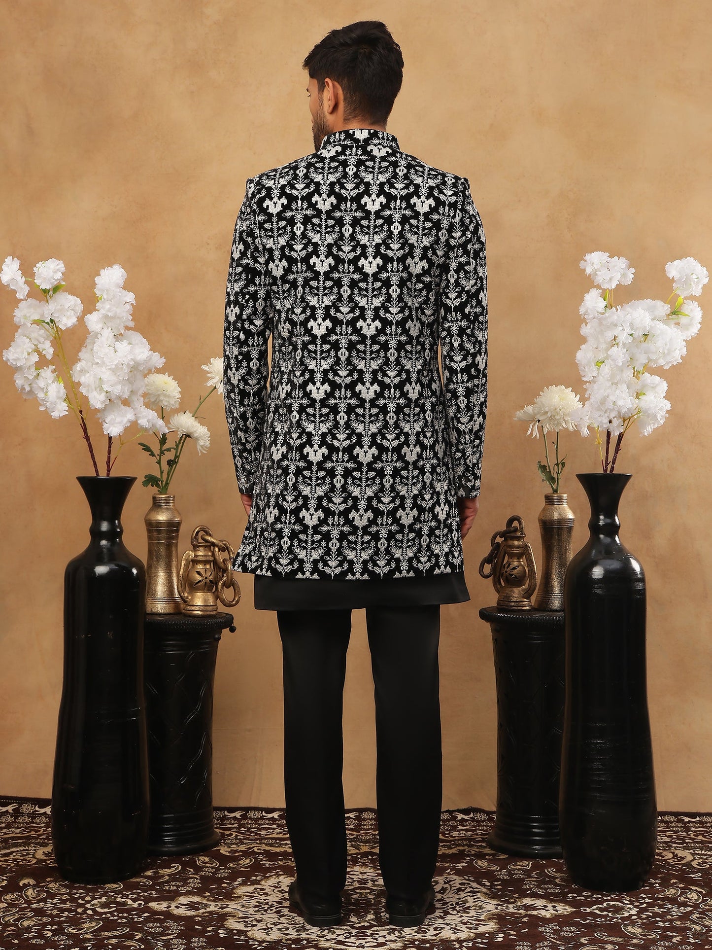 Men's Black & Off-White Floral Embroidered Indo-Western Set ( 50JIND 105 Off-White )
