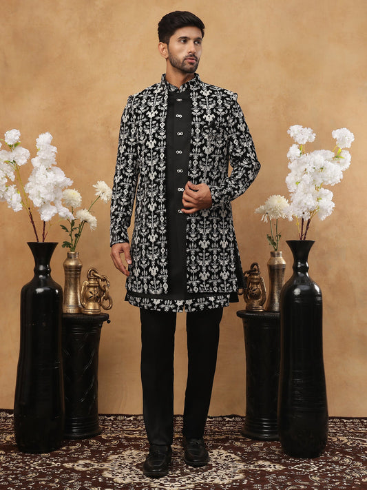 Men's Black & Off-White Floral Embroidered Indo-Western Set ( 50JIND 105 Off-White )